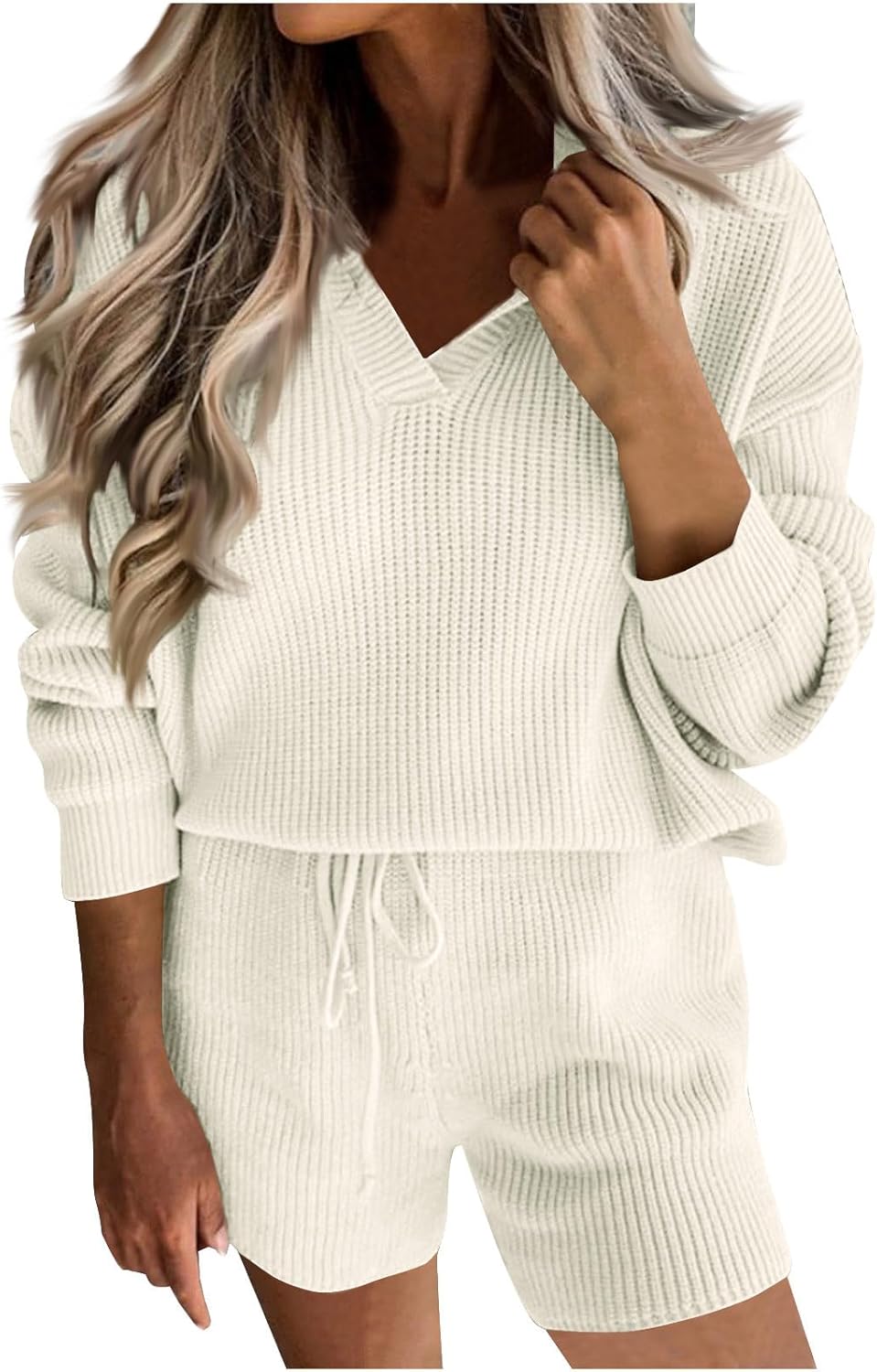 Womens 2 Piece Sweater Sets Fall Winter Long Sleeved V-neck Tops Wide Leg Shorts Matching Sets Fashion Clothing