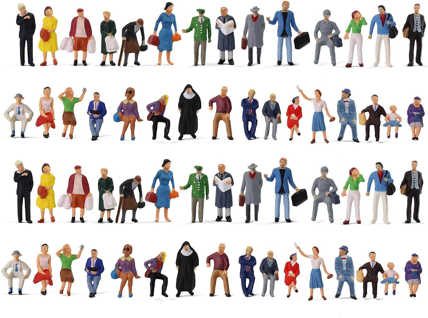 HO Scale 1:87 Standing Seated Passenger People Painted Figures for Model Train Layout (60PCS)