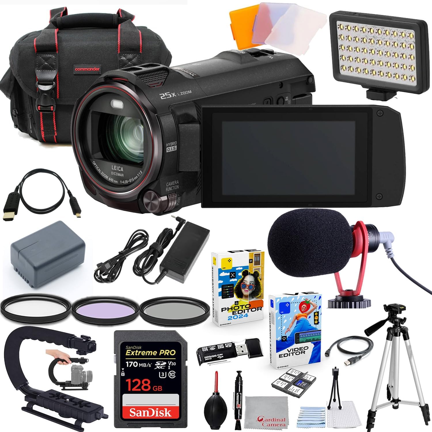 Panasonic HC-VX870K 4K Ultra HD Camcorder Bundle + Accessory Package Including 128GB Extreme Pro Memory, LED Light, HD Filters, Carry Bag, Editing Software Package & More (29 Items), Black