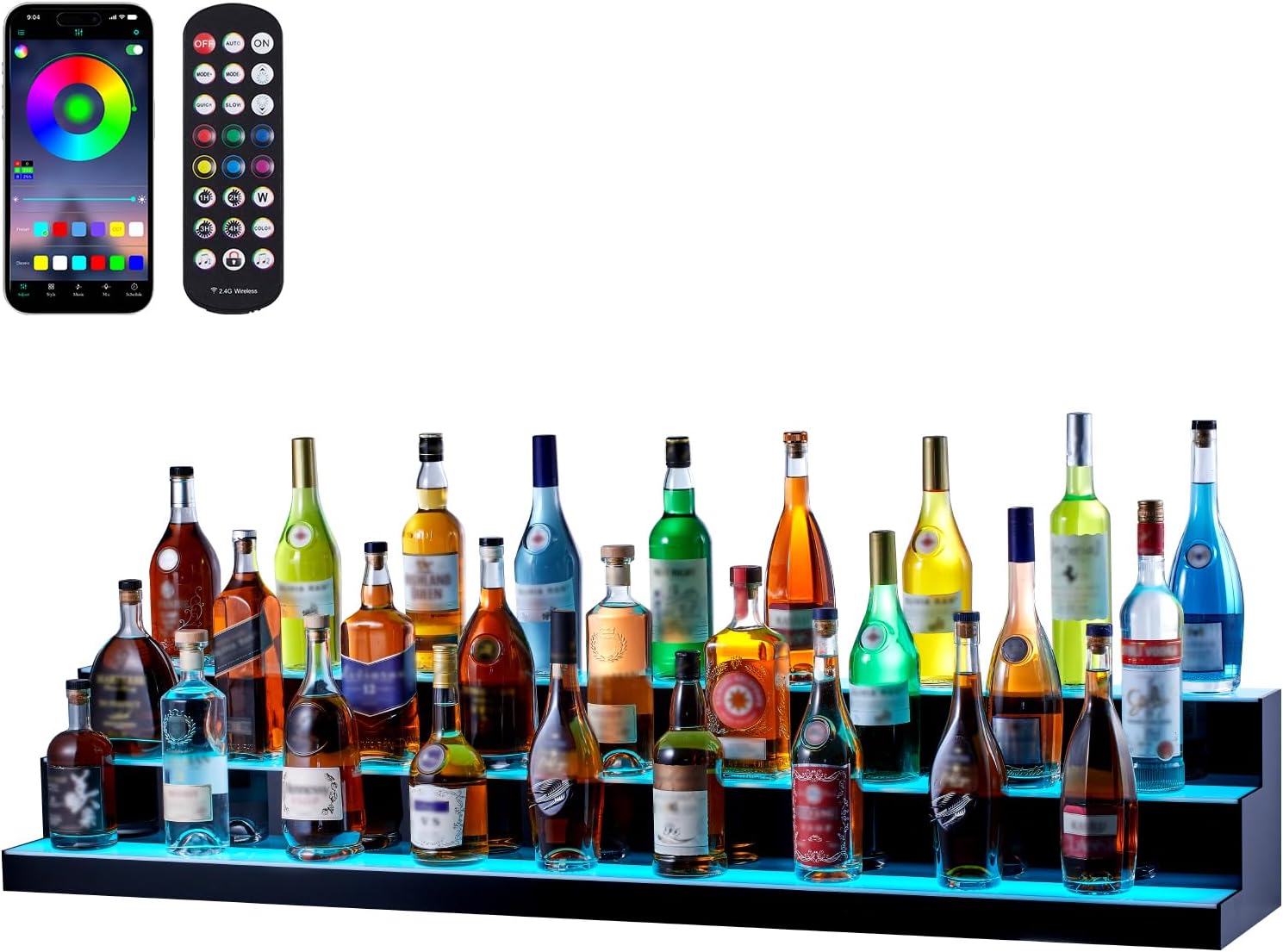 VEVOR LED Lighted Liquor Bottle Display, 3 Tiers 60 Inches, Supports USB, Illuminated Home Bar Shelf with RF Remote & App Control 7 Static Colors 1-4 H Timing, Acrylic Lighted Shelf for 54 Bottles