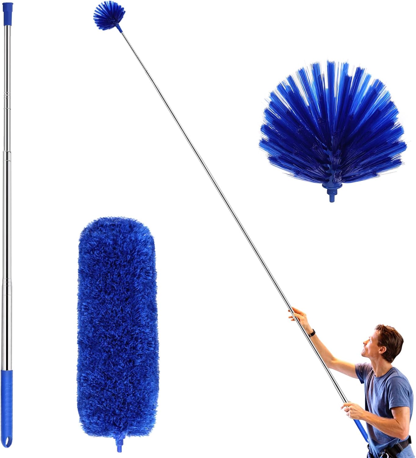 Cobweb Duster with Extension Pole, Washable Cleaning Duster Kit with 2 Duster Heads, Cobweb Duster, Corner Brush, 15-100 Inch Long Aluminum Telescoping Pole for Ceiling Fan (Blue)