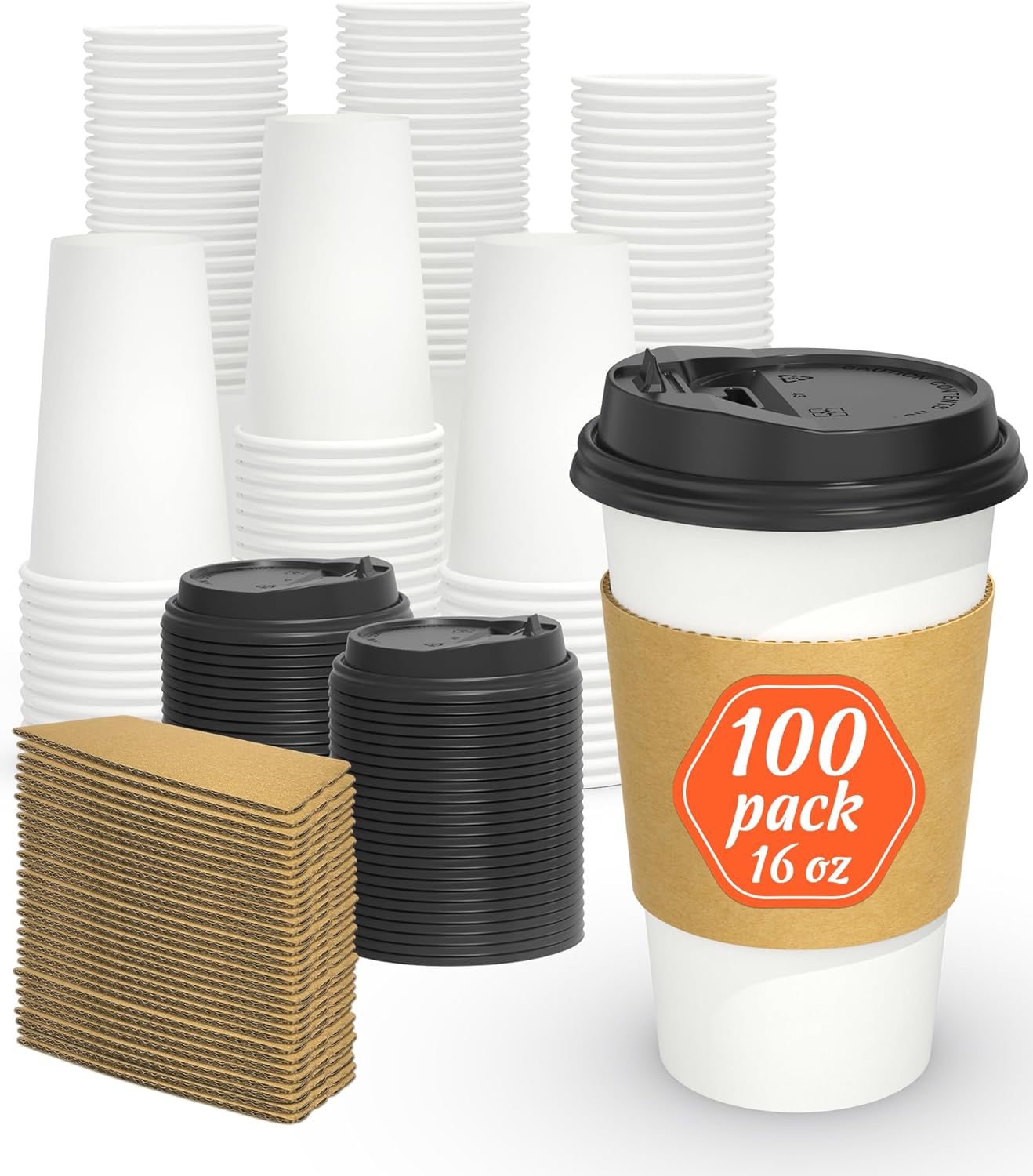 100 Pack 16 oz Disposable Coffee Cups with Lids and Sleeves, Sturdy Thick Paper & Leak-free Insulated to Go Coffee Cups with Lids, Paper Hot Coffee Cups for Hot & Cold Beverage