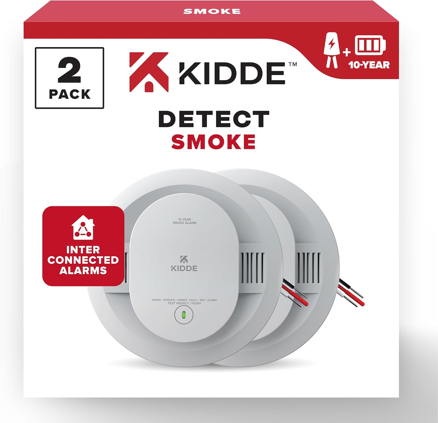 Kidde Hardwired Smoke Detector, 10-Year Battery Backup, Interconnectable, LED Warning Light Indicators, 2 Pack