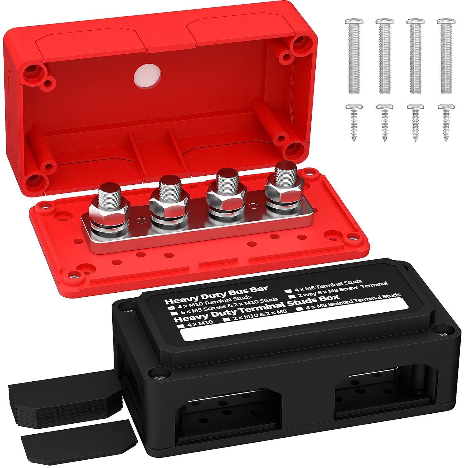 Joinfworld 300A Bus Bar 12V DC Waterproof Power Distribution Block with 4 x 3/8″ Studs, Heavy Duty Marine Battery Bus Bar Terminal Block 12 Volt for Automotive, Car, Solar Wiring – Positive&Negative