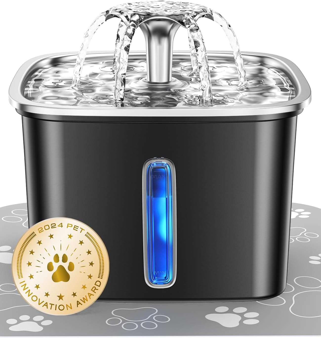 Veken Innovation Award Winner Stainless Steel Cat Water Fountain, 95oz/2.8L Automatic Pet Fountain Dog Water Dispenser with Replacement Filters & Silicone Mat for Cats, Dogs (Space Black)