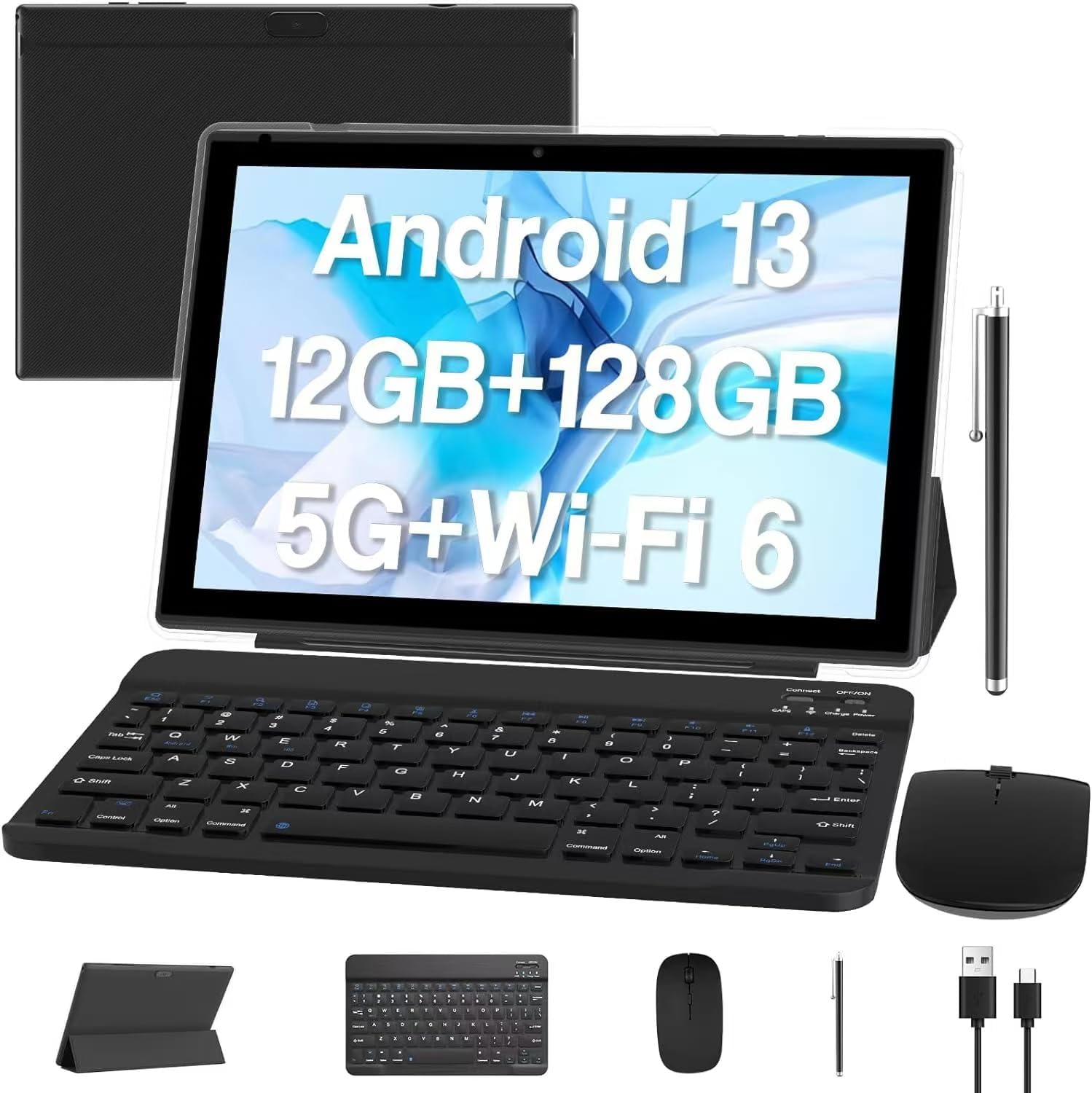 Android 13 Tablet 10 Inch, 12GB RAM+128GB ROM/1TB Expandable Tablet, 2 in 1 Tablets with Keyboard Case Mouse Stylus, 2.0GHz Quad-core CPU, 1280*800 IPS HD Screen, 5G WiFi6 BT 5.0, 8MP Camera Tablet PC