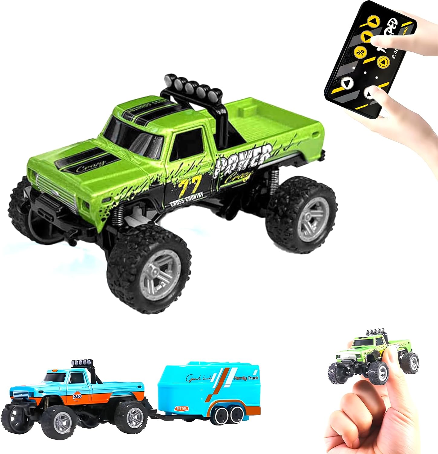 Mini Rc Monster Truck with Trailers, Rc Monster Truck Car with Lights Rechargeable Rc Monster Trucks for Boys, Alloy Toy Trucks, Remote Control, 1:64 Scale (Green)