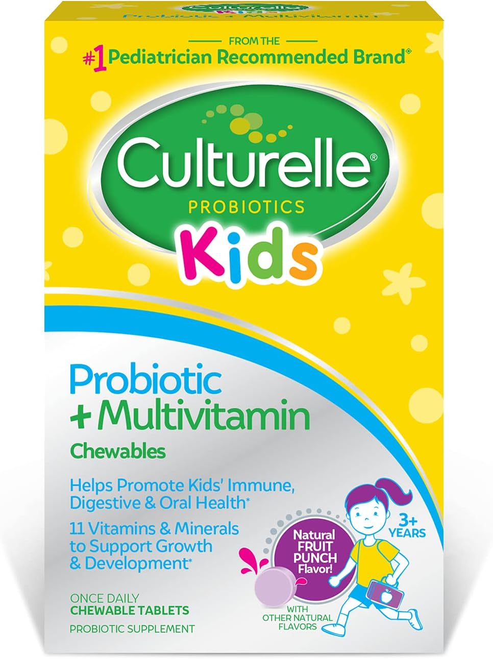 Culturelle Kids Probiotic + Complete Multivitamin Chewable For Kids, Ages 3+, 30 Count, Digestive Health, Oral Health & Immune Support – With 11 Vitamins & Minerals, including Vitamin C, D3 & Zinc