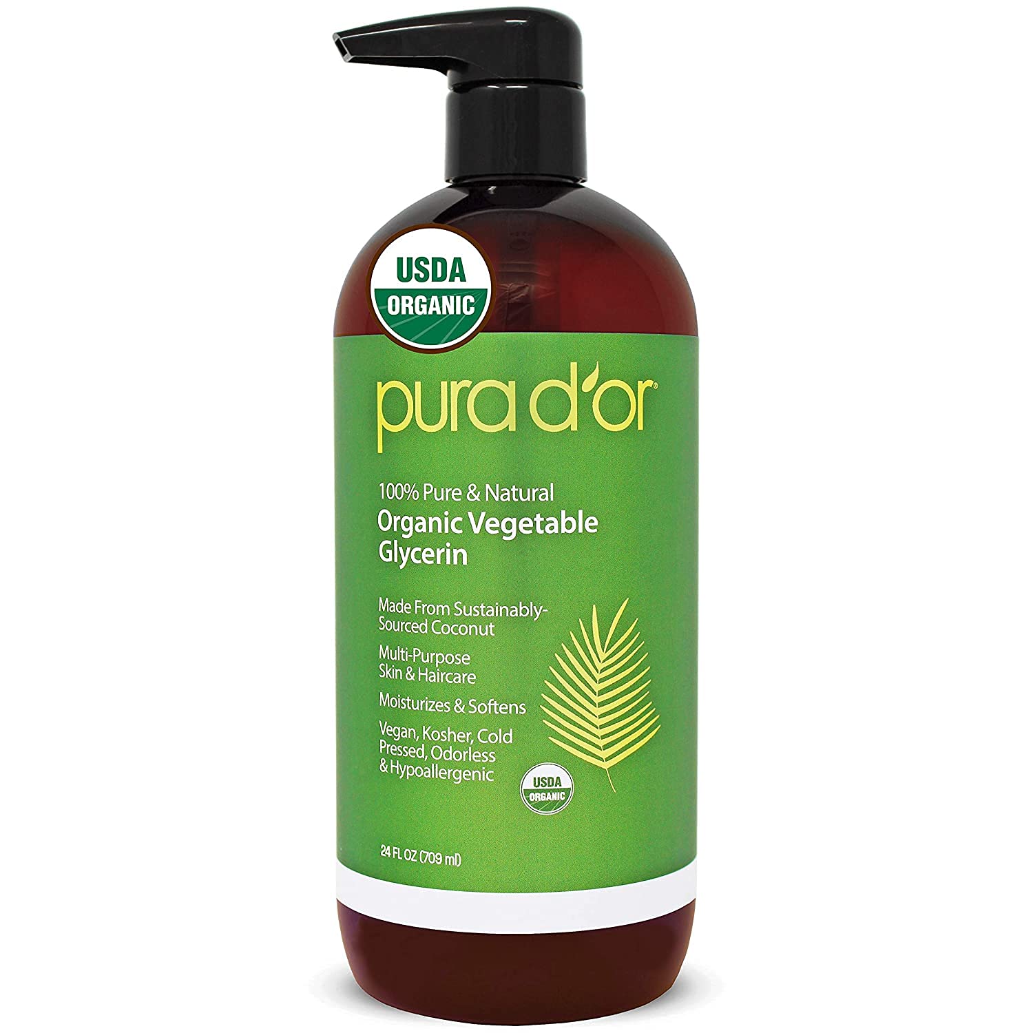 PURA D’OR Organic Vegetable Glycerin (24oz) Derived from Coconut,100% Pure Premium Grade,Clear & Odorless,Non-GMO,Kosher,Vegan,Cold Pressed,Hair,Skin & DIY Base (Packaging may vary)