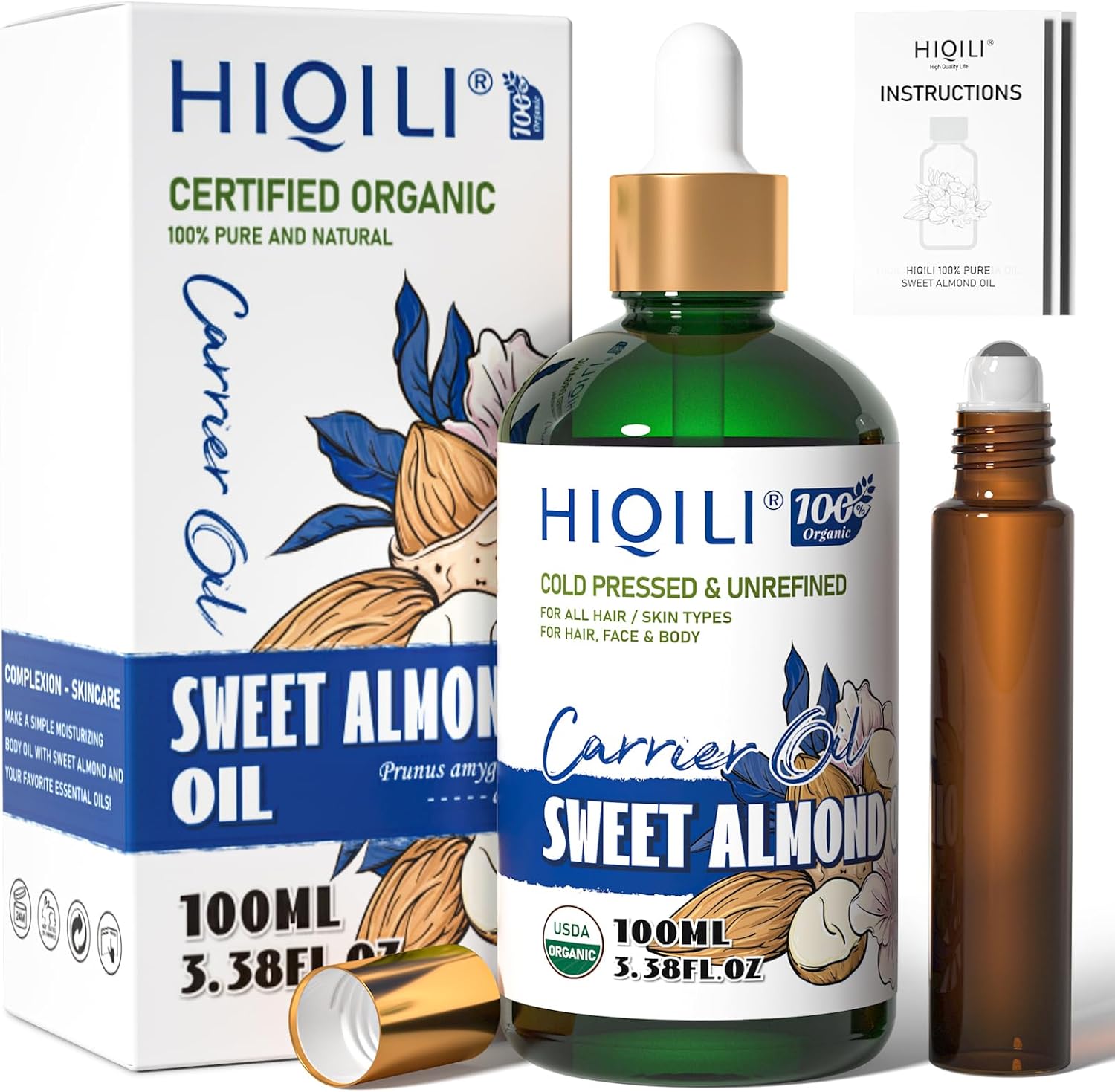 HIQILI Sweet Almond Oil, Skin, Hair Care, 100% Pure Organic Carrier Oil, Hexane Free, Unscented – 3.38 Fl Oz