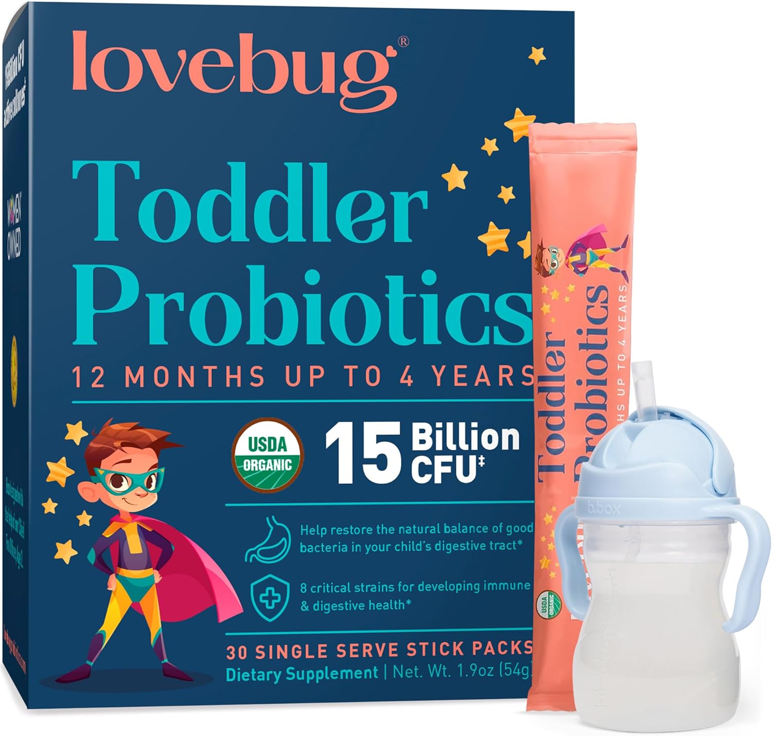 Lovebug Toddler Probiotics – Organic Probiotic for Kids & Toddler Constipation Relief, Stomach Discomfort and Softer Bowel Movements, Clear Dissolvable Powder, Ages 12 Months to 4 Year Olds – 30 Pack