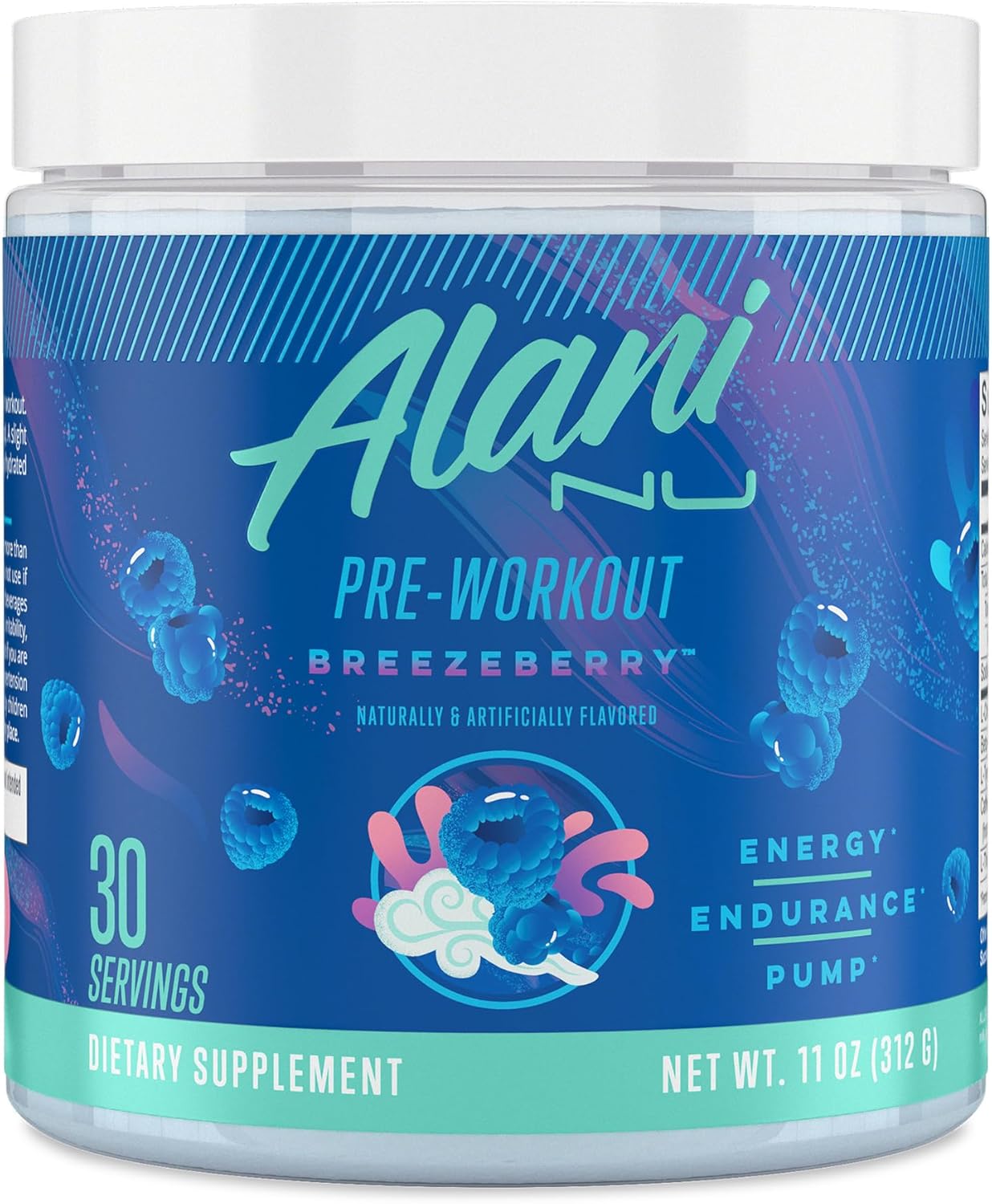 Alani Nu Pre Workout Powder BREEZEBERRY | Amino Energy Boost | Endurance Supplement | Sugar Free | 200mg Caffeine | L-Theanine, Beta-Alanine, Citrulline | 30 Servings