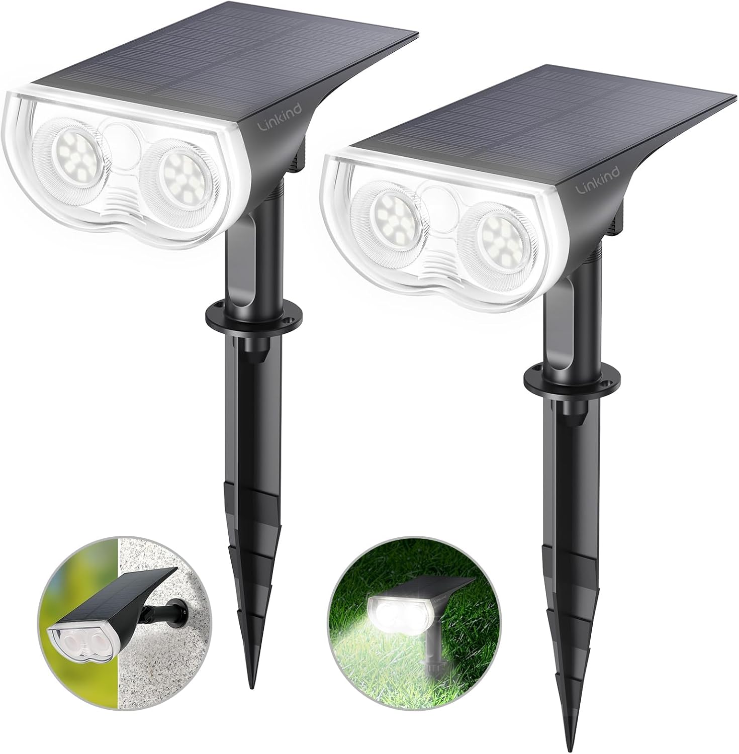 Linkind StarRay Solar Spot Lights Outdoor, IP67 Waterproof Dusk-to-Dawn Landscape Spotlights, 6500K Daylight Wall Lights for Garden Yard, Garden, Yard, (Cool White, 2 Pack)