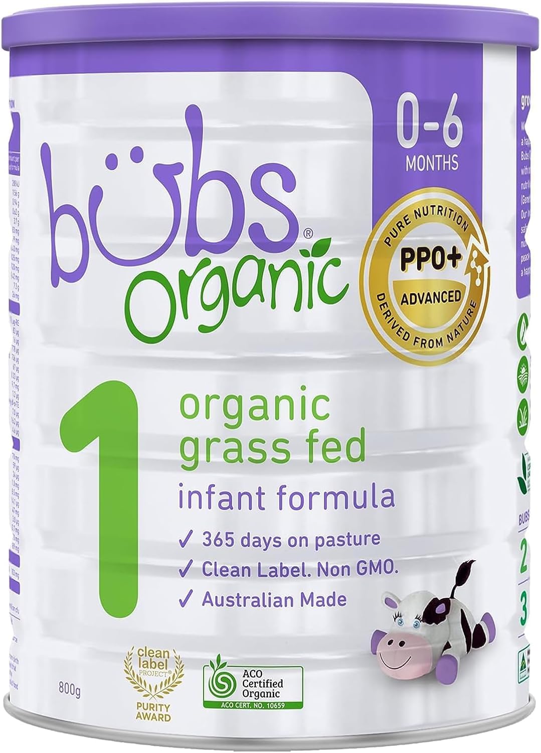 Bubs Organic Grass Fed Infant Formula Stage 1, Infants 0-6 months, Made with Non-GMO Organic Milk, 28.2 oz