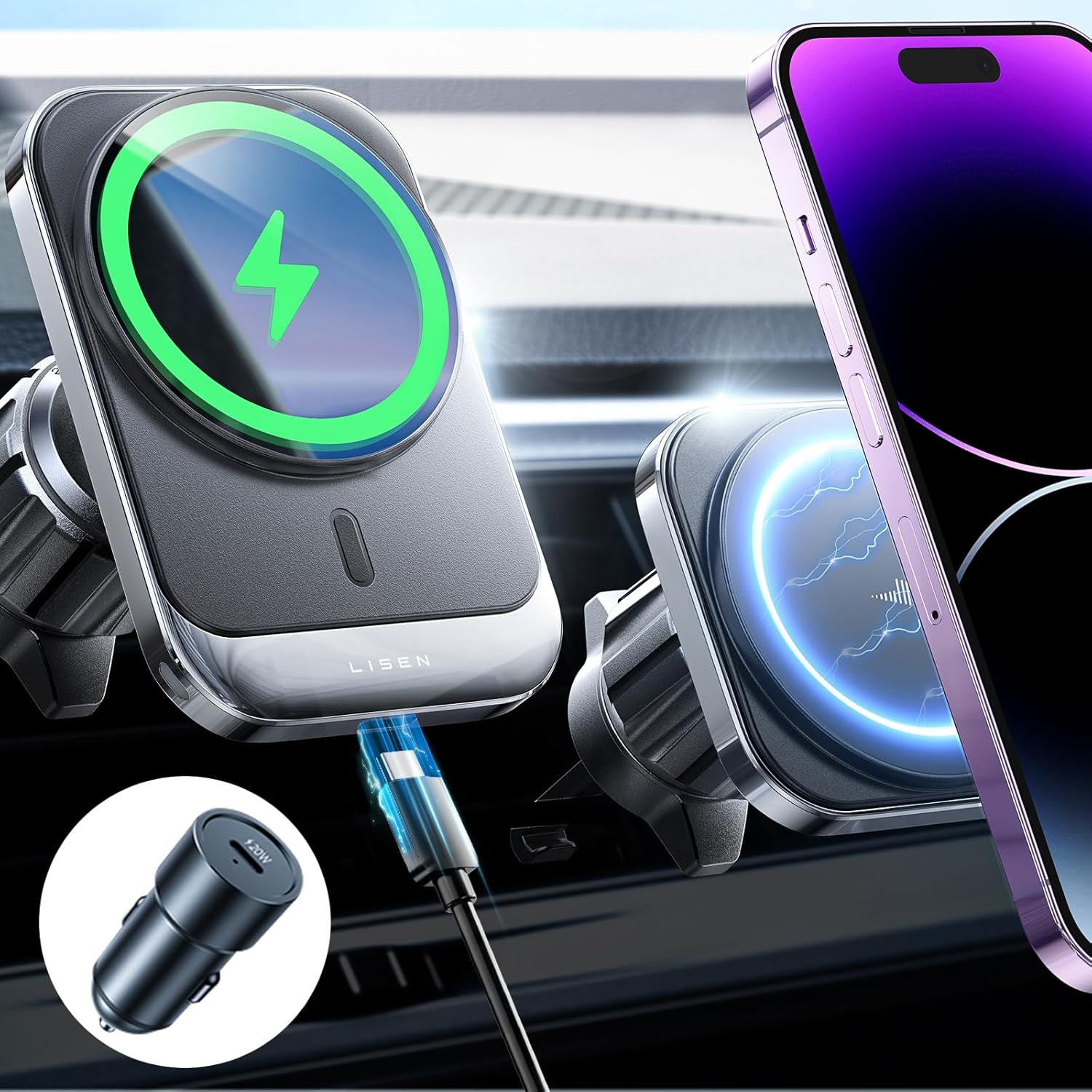 LISEN with Car Charger for MagSafe Car Mount Charger for iPhone 16, 15W Wireless Charger for iPhone Car Accessories Magnetic Phone Holder Mount, Universal Vent Car Charger