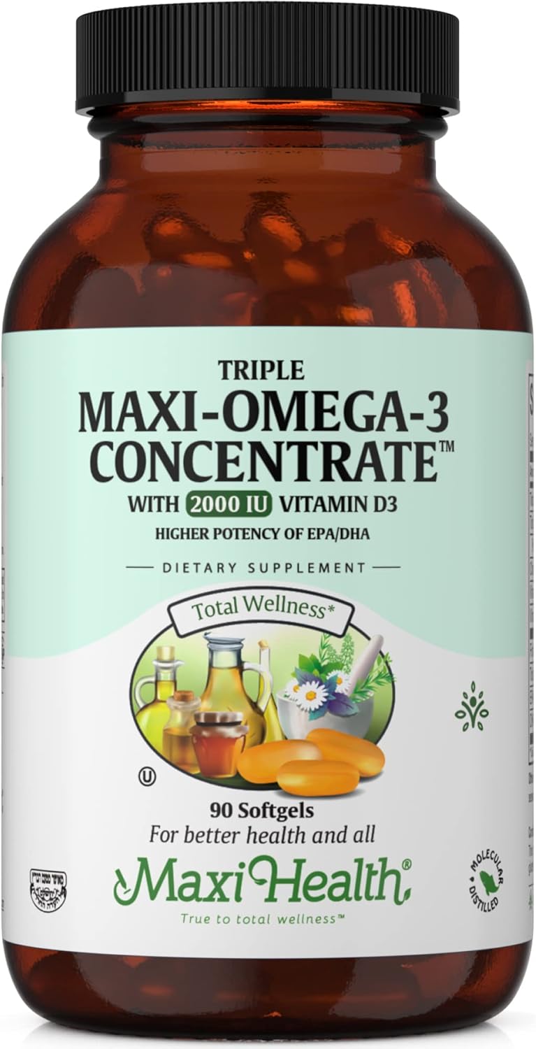 Maxi Health Omega 3 Supplement – Omega-3 Fish Oil Triple Concentrate w/ Vitamin D3 – Potent Source of EPA / DHA Fatty Acids – Heart, Brain, Joint Health – Kosher Wild Caught Marine Fish – 90 Softgels