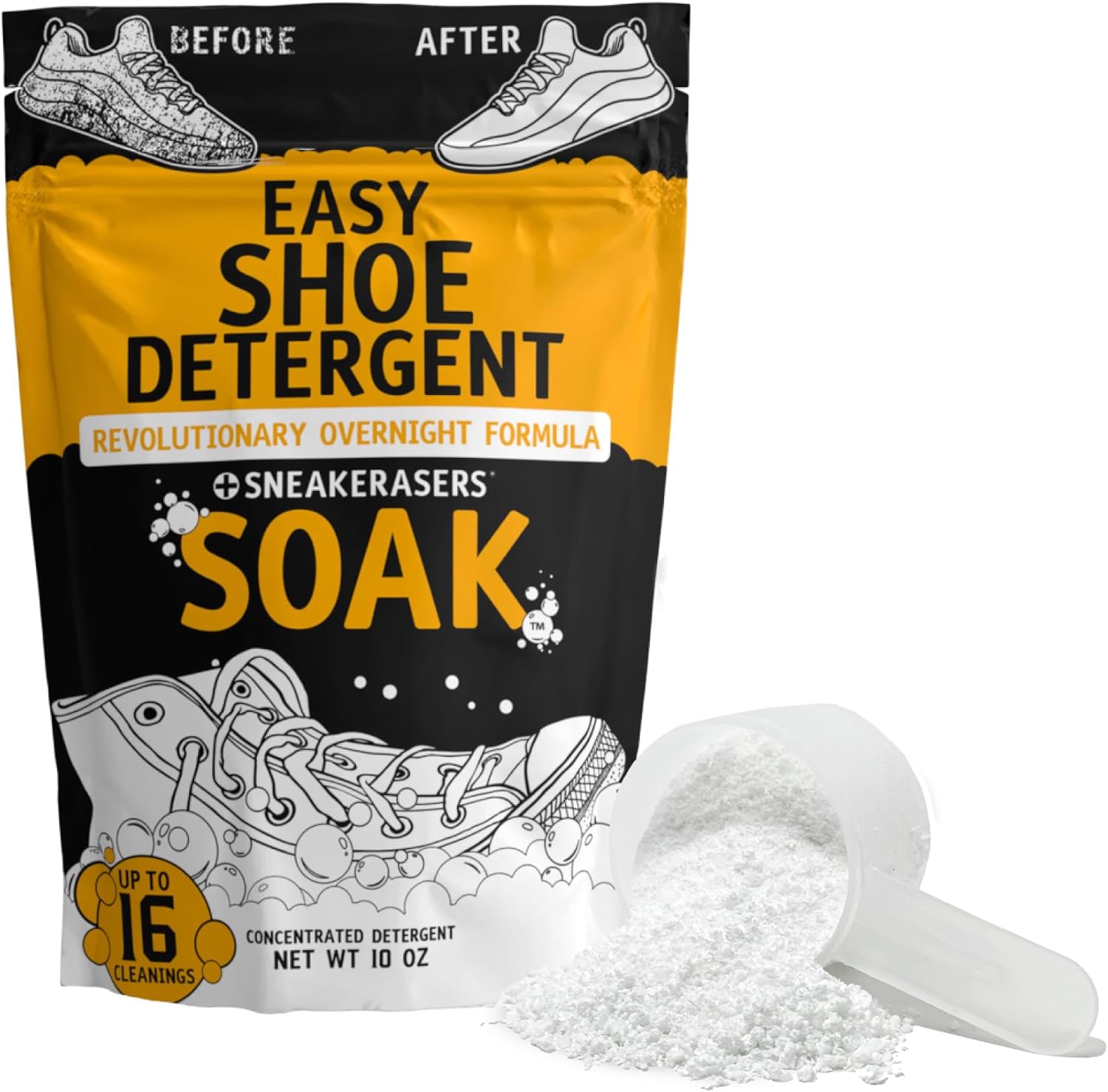 SneakERASERS Overnight Soak, Shoe and Sneaker Cleaner, Easy Detergent for Sneakers athletic shoes, and more. No fuss!