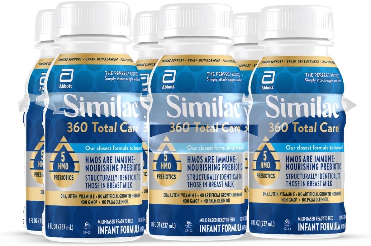 Similac 360 Total Care Infant Formula, Has 5 HMO Prebiotics, Our Closest Prebiotic Blend to Breast Milk, Non-GMO,‡ Baby Formula, Ready to Feed, 8-fl-oz Bottle, Pack of 6