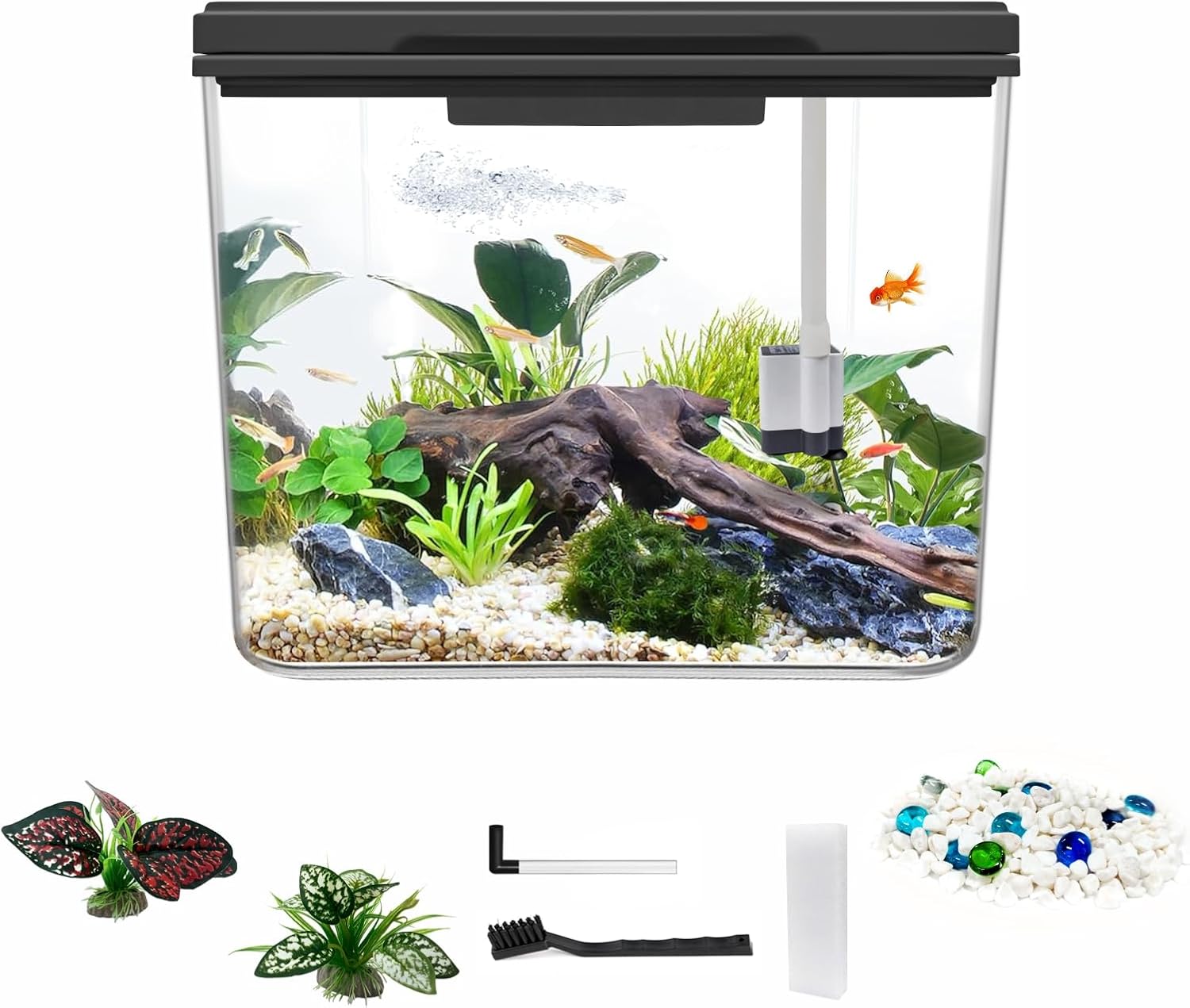 Mini Fish Tank Kit 0.8 Gallon, Aquarium Starter Kit with Super-Quiet Water Pump, Dual Rain Filtration, Self Cleaning Function, Shatter-Resistant & Leak-Proof Base (Black)