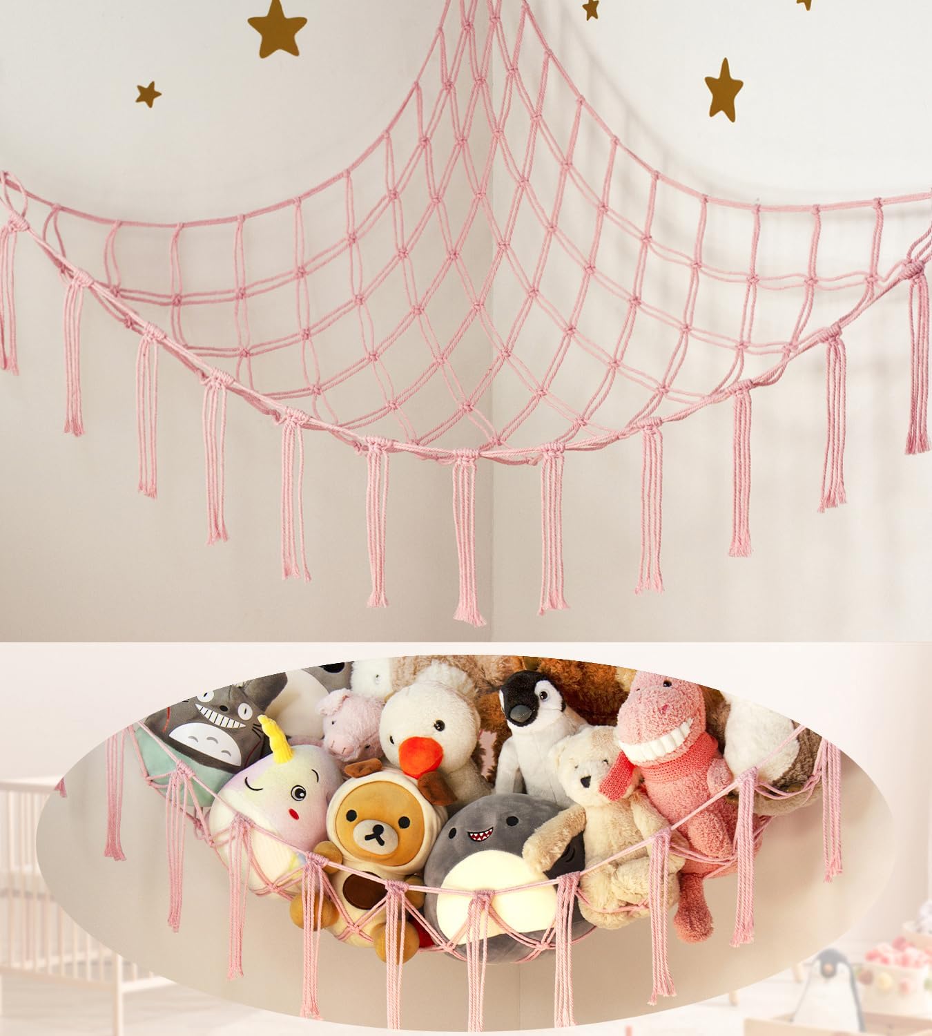 Large Stuffed Animal Storage Hammock Corner Net – Pink Room Decor for Teen Girls – Toys Storage Hanging Stuff Animal Organizer Holder Cute Stuff – Boho Nursery Dorm Bedoom Decor Aesthetic