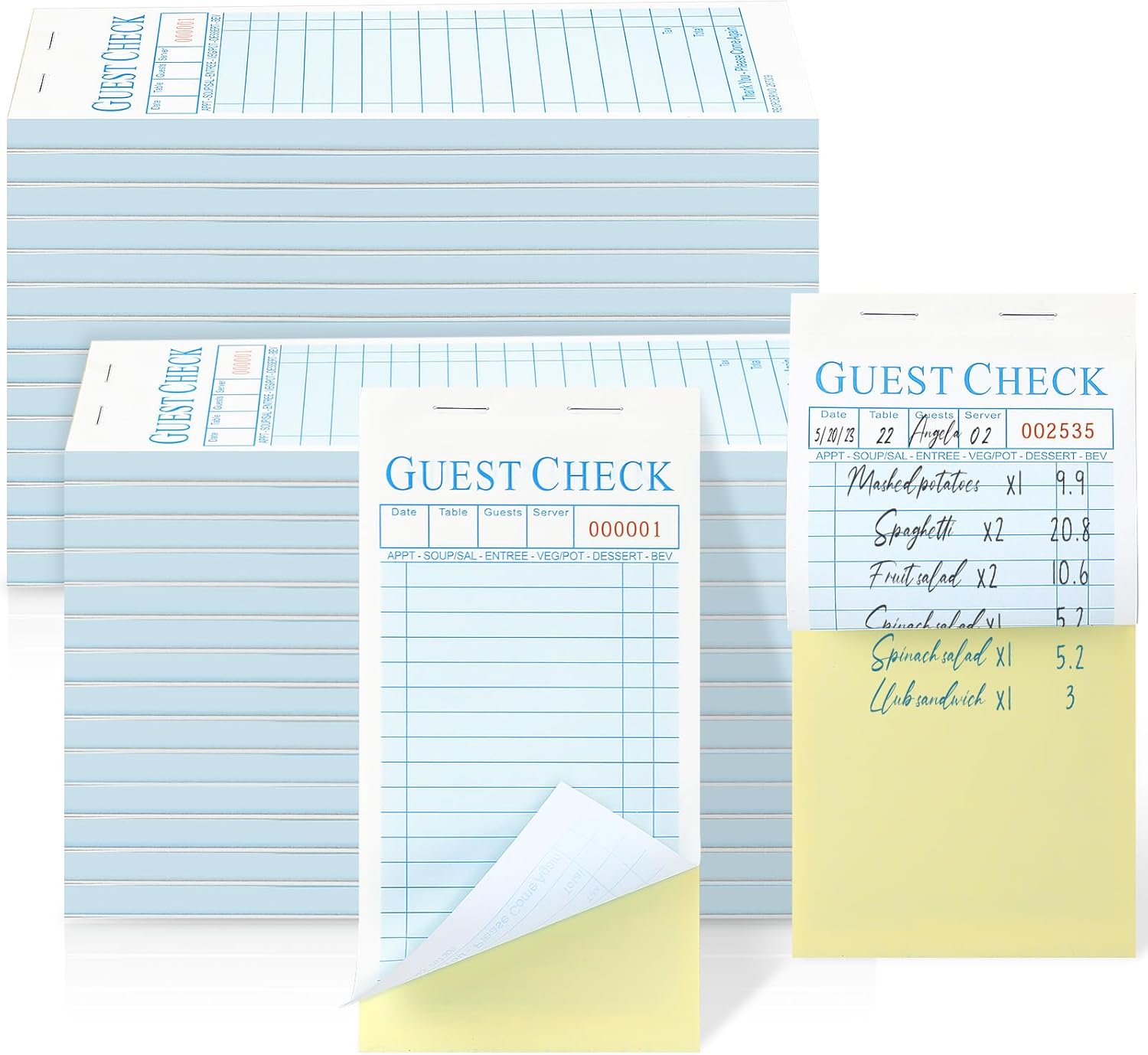 Seajan 50 Pack Guest Check Pads Server Note Pads 3.5 x 6.7 Inch Guest Check Book for Servers 2 Part Carbonless Waiter Notepad Food Order Tickets for Bar Cafe Restaurant, 2500 Total Tickets (Blue)