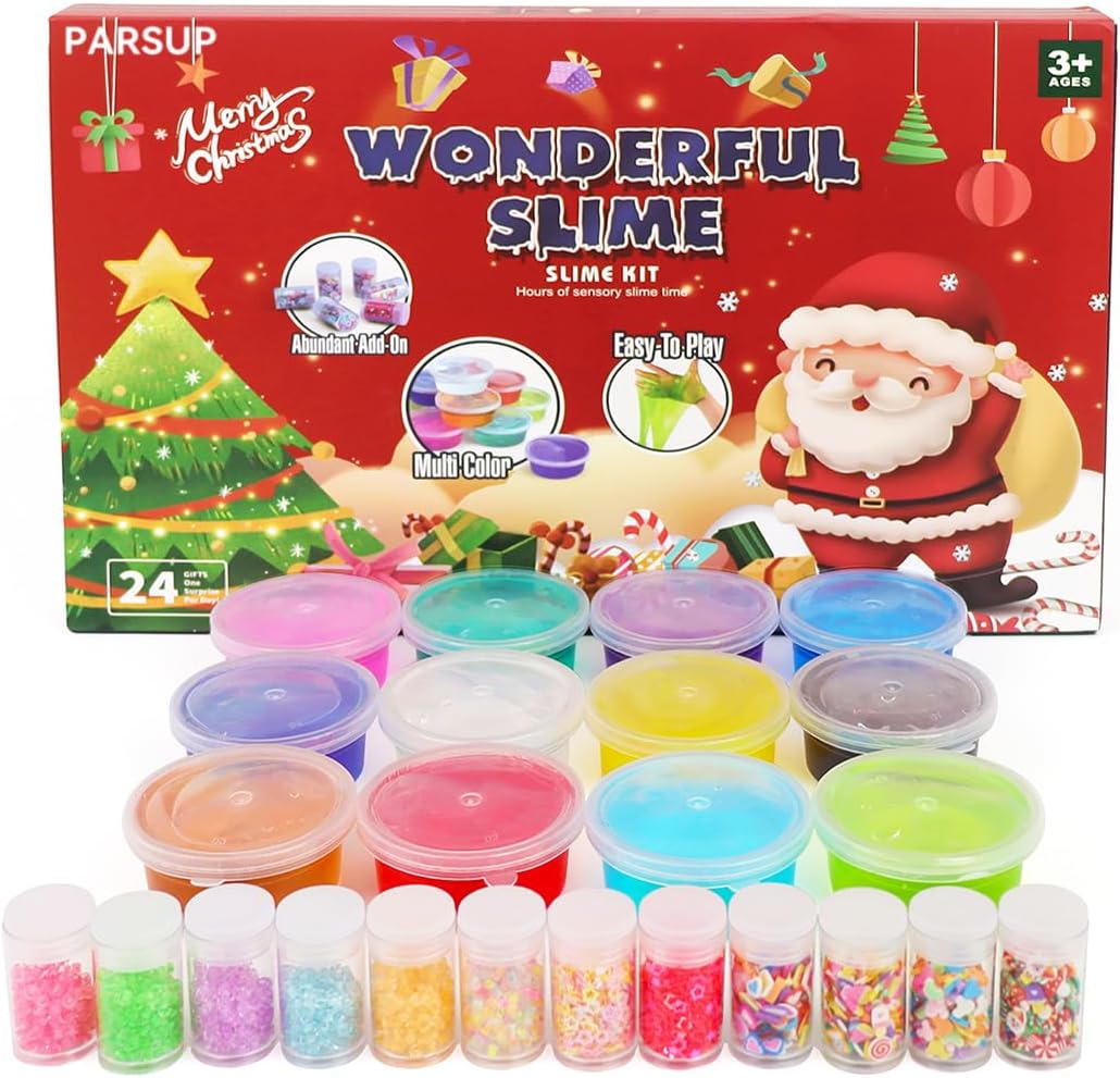 2024 Christmas Slime Advent Calendar for Kids, Crystal Fidget Holiday Surprise Gift Set, 24 Days Christmas Countdown Calendar Xmas Toys Gifts Boys Girls Toddler Party Favors Christmas Stocking Stuffers