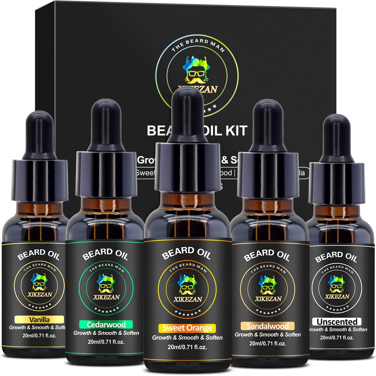 XIKEZAN 5 Pack Beard Oil Set w/Sandalwood,Orange,Vanilla,Cedarwood,Christmas Stocking Stuffers Fathers Valentines Day Gifts for Men Him Dad Boyfriend Husband,Beard Growth,Soften,Moisturizing,Strength