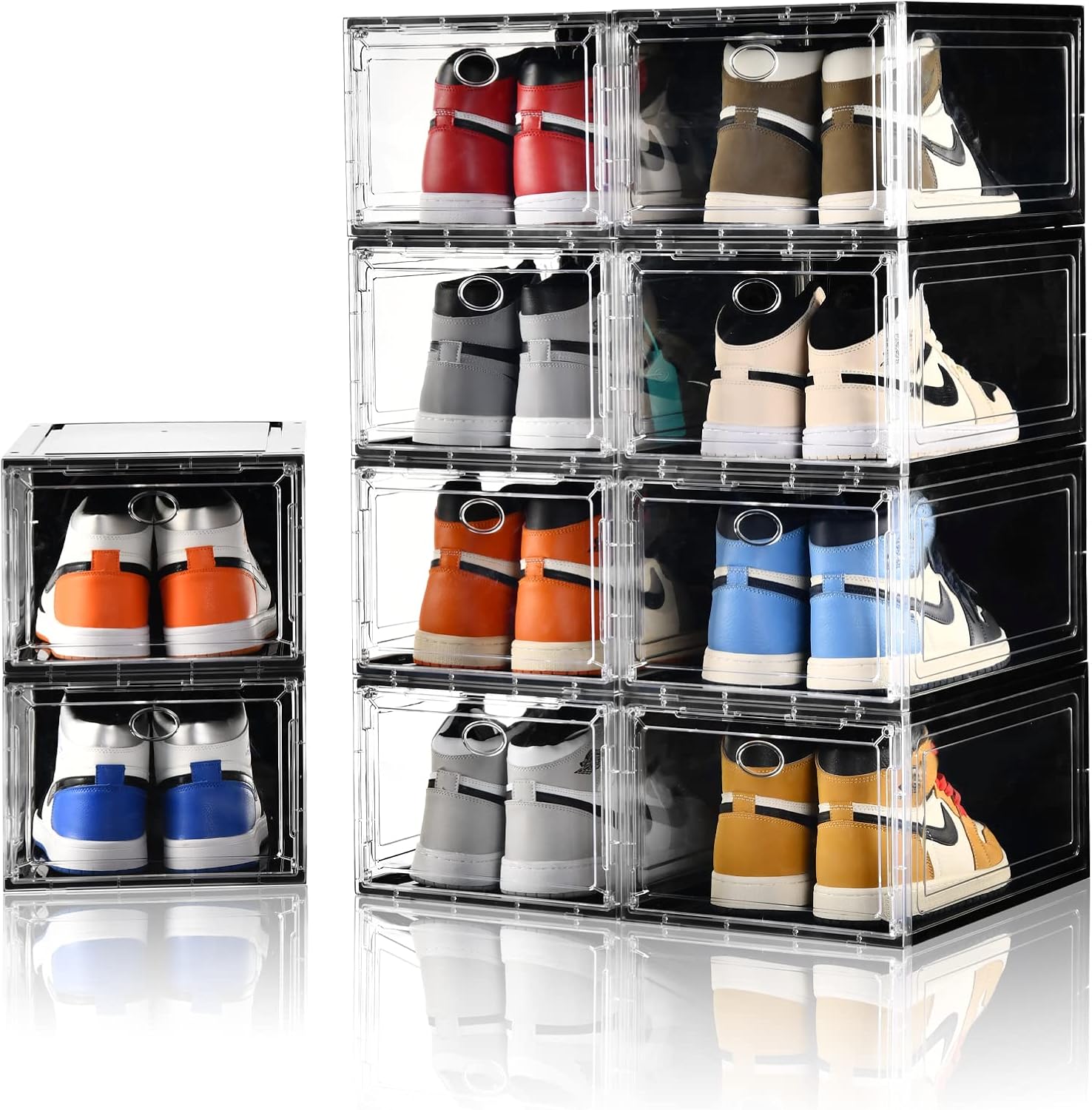 10 Pack Shoe Boxes Stackable,Upgraded Sturdy Storage Boxes with Clear Magnetic Door,Multifunctional Sneaker Organizer Fit up to US Size 12 (13.8”x 9.84”x 7.1”)