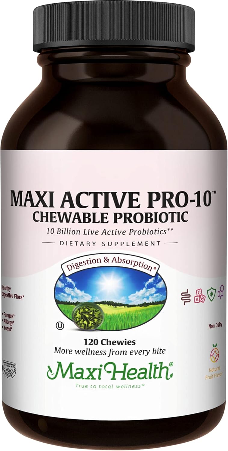 Maxi Health Active Pro-10 Kids Probiotic Chewables – 15 Strains for Digestive & Immune Health –10 Billion probiotic Blend- Dairy-Free, Kosher – Supports Gut Health, Vegetarian – 60 ct (Shelf Stable)