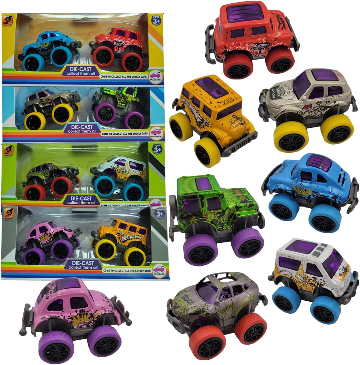 SeeuFun 8 Pieces Monster Trucks Mini Pull Back Truck Toys for Boys and Girls,Alloy Die-cast Race Cars for Toddlers Age 3-6, Party Favors,Goodie Bags Fillers (8Pack)