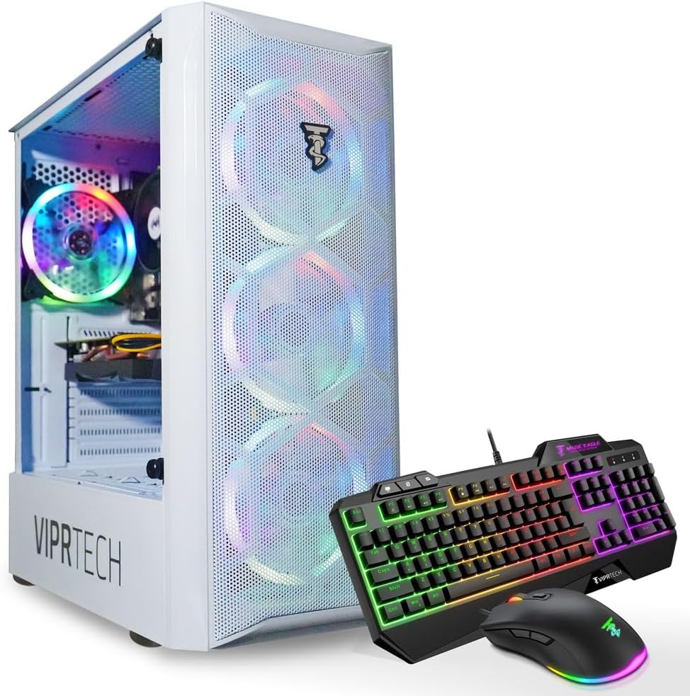 ViprTech Mutineer Gaming PC Desktop – Intel Core i7 (3.8GHz), GeForce GTX 1660 Super 6GB, 16GB RAM, 512GB NVMe SSD, RGB Keyboard Mouse Mousepad, WiFi, Bluetooth, Win 10, Streaming, Editing, White