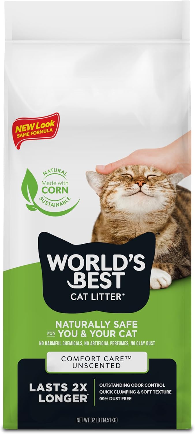 WORLD’S BEST CAT LITTER Comfort Care Unscented, 32-Pounds – Natural Ingredients, Quick Clumping, Flushable, 99% Dust Free & Made in USA – Long-Lasting Odor Control & Easy Scooping