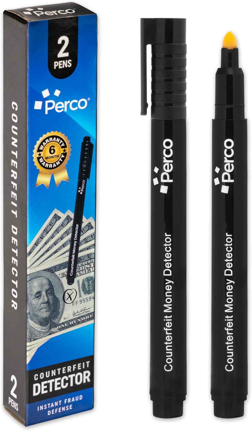 Perco Counterfeit Money Detector Pen (2 Pack) – Easy to Use and Reliable Universal Currency Fake Bill Checker for Personal & Commercial Use – Ensures Authenticity & Prevents Fraud