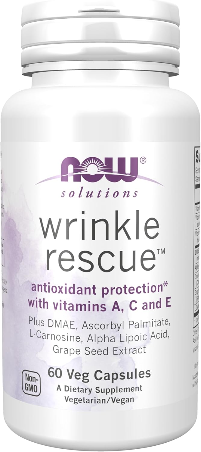 NOW Foods Solutions, Wrinkle Rescue Capsules, Targeted Blend with Vitamins A, C and E, 60 Capsules