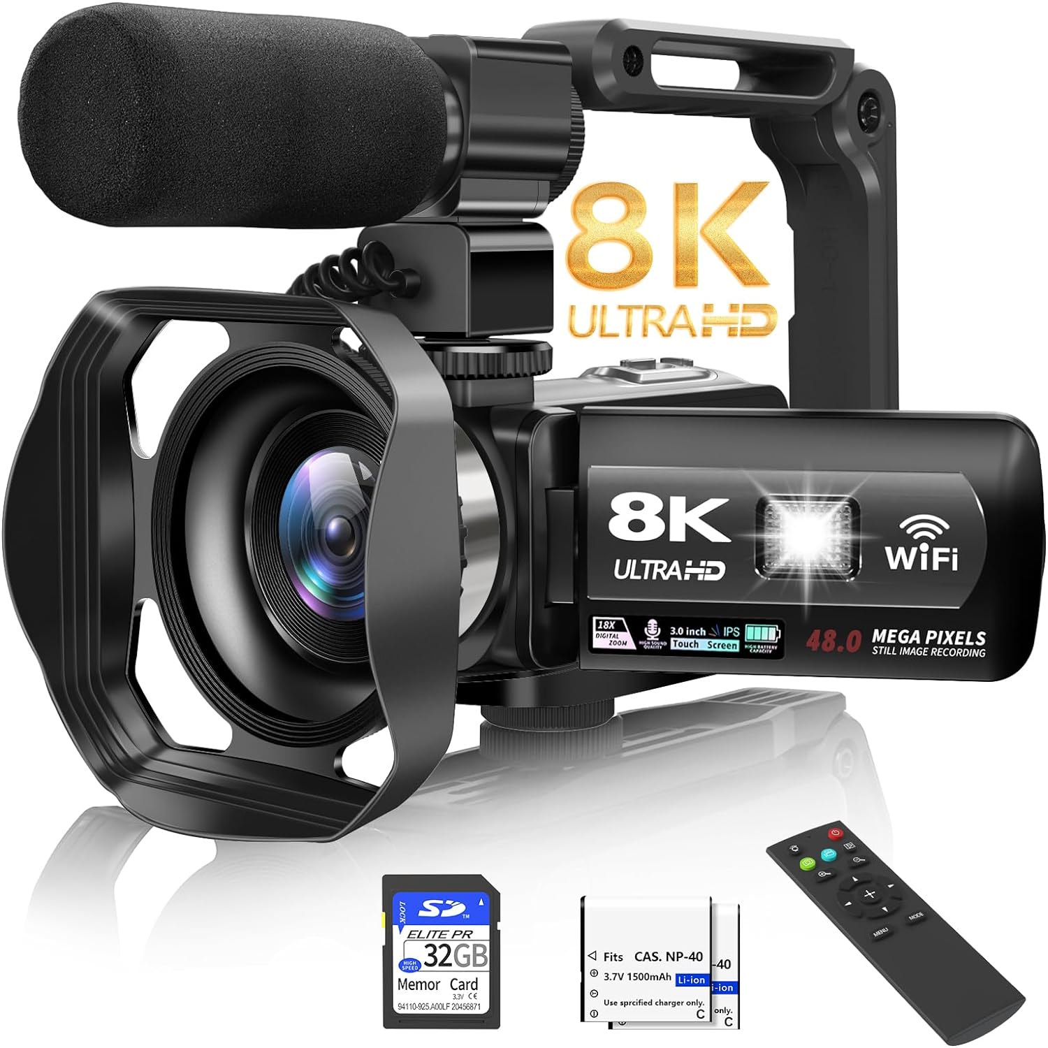 Video Camera, 8K Camcorder 48MP 15FPS UHD WiFi Vlogging Camera with IR Night Vision for YouTube, 3″ Touch Screen 18X Digital Zoom, with Fill Light, Mic, Stabilizer, Lens Hood, Remote and 2 Batteries