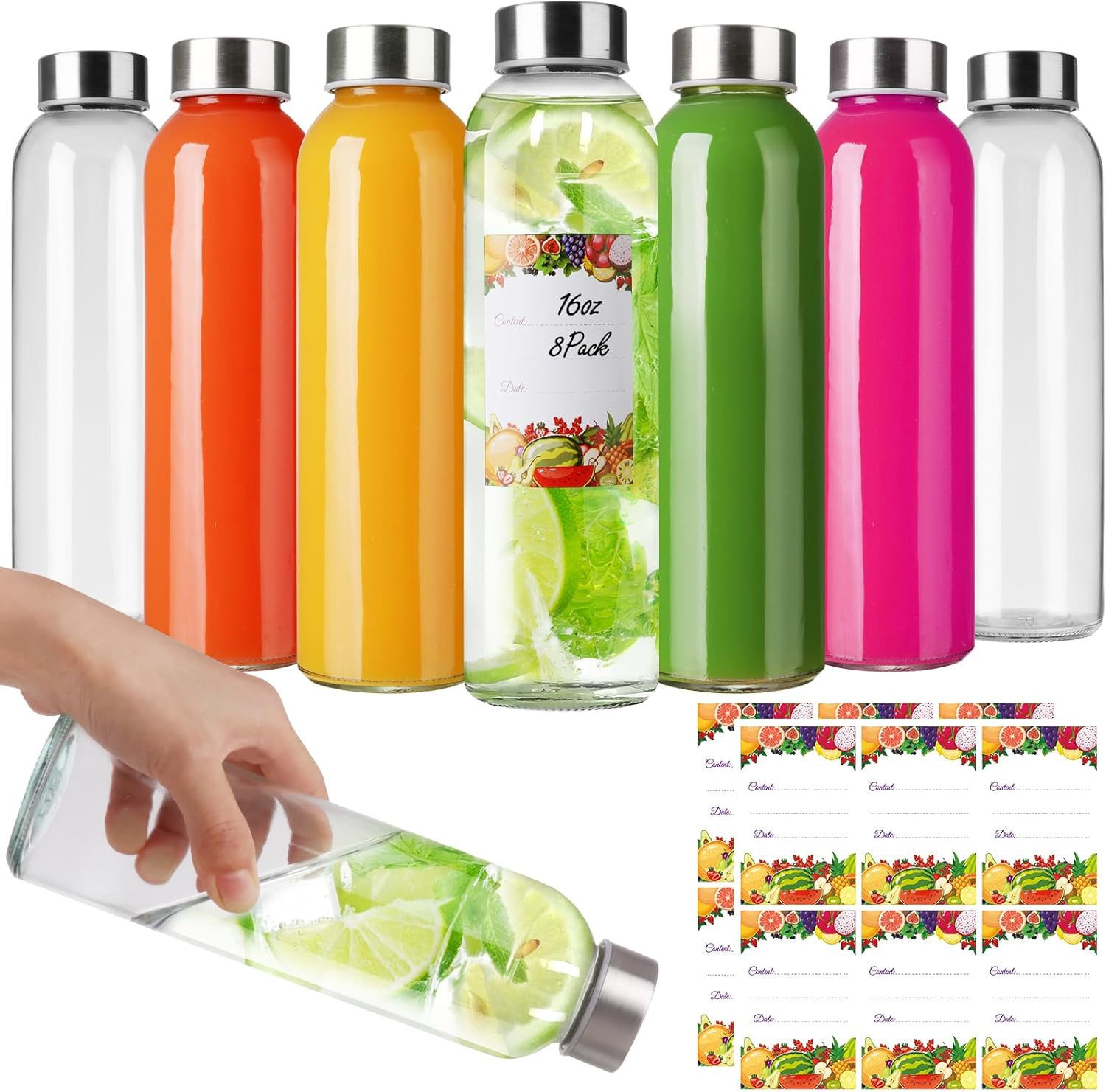 Alotpower 16oz Glass Water Bottles with Lids 8Pack, 16 oz Glass Bottles for Juicing- Empty Juicing Bottles Reusable Glass(16fl.oz/500ml, Set of 8)