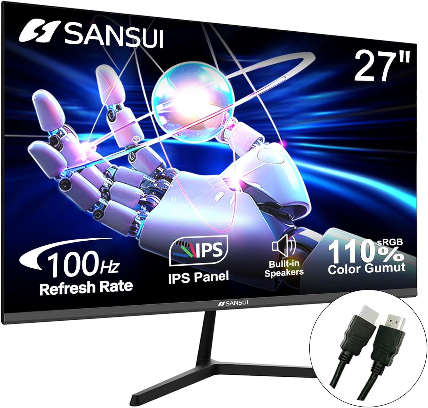 SANSUI Monitor 27 Inch IPS 100Hz Computer Monitor, Built-in Speakers HDR 110% sRGB FHD HDMI RTS/FPS Tilt Adjustable VESA Compatible, for Game and Office (HDMI Cable Included)