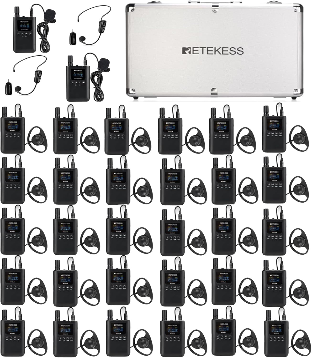 Retekess TT125 Wireless Tour Group System, Whisper Tour Guide System, 100 Hours Long Battery Life, 32-Slot-Charging Case, Audio System for Long Tours (2 Transmitters and 30 Receivers)