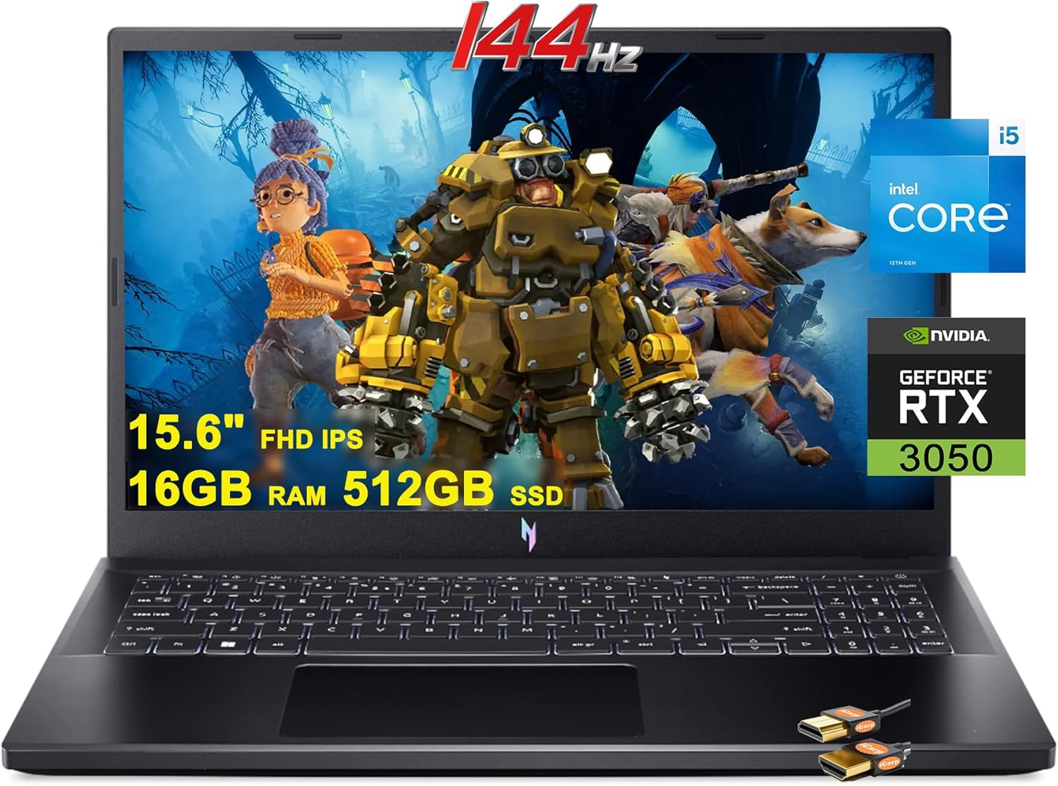 Acer Nitro 5 Gaming Laptop 15.6” FHD IPS 144Hz Display Intel 12-Core i5-12500H (Beat i7-11800H) 16GB RAM 512GB SSD GeForce RTX 3050 4GB Graphic Backlit Thunderbolt4 USB-C Win11 Black + HDMI Cable