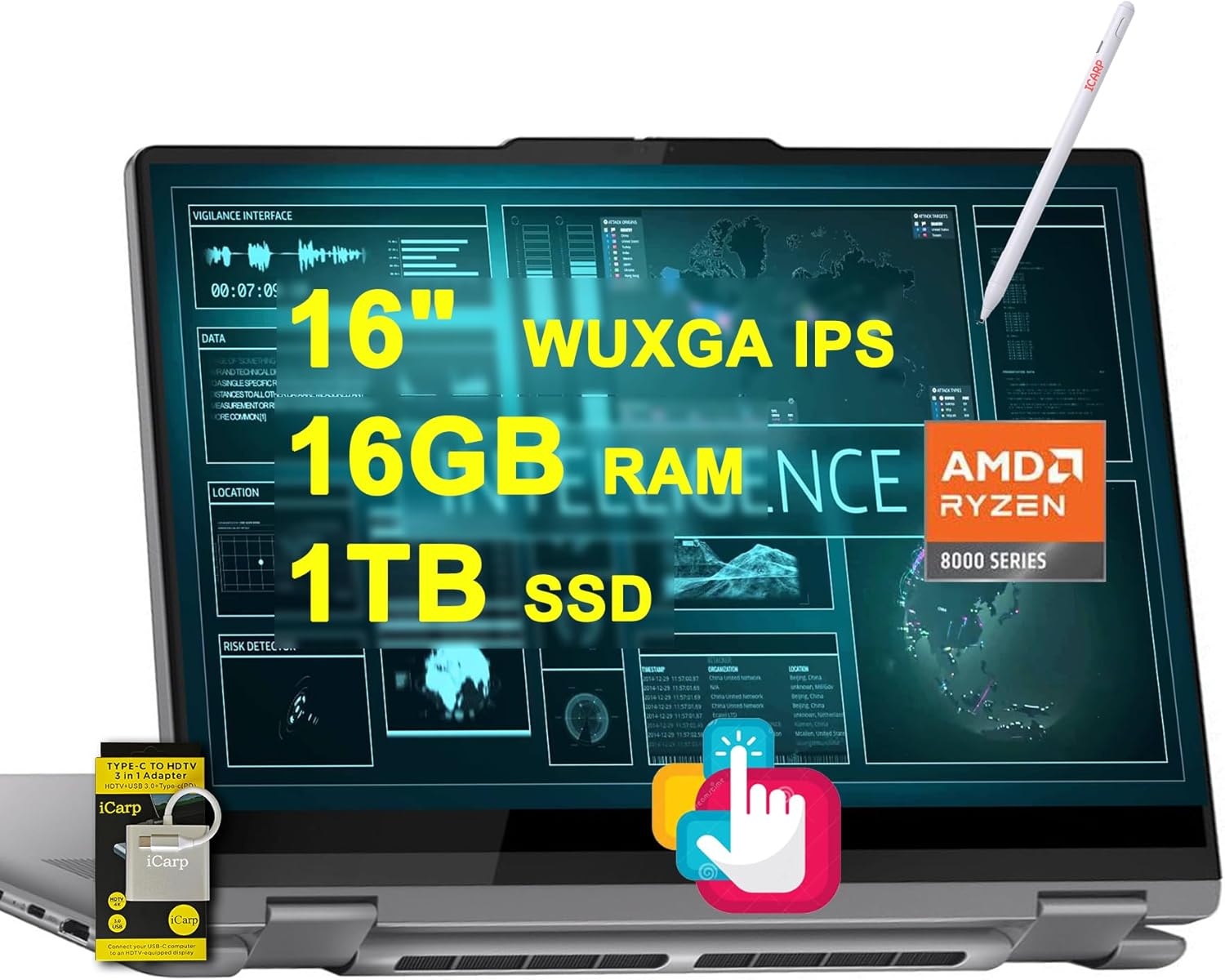 Lenovo Yoga 7 2-in-1 AI PC Laptop 16″ WUXGA IPS Touch AMD Zen4 8-core Ryzen 7 8840HS (>i7-12700H) 16GB RAM 1TB SSD Backlit Fingerprint Long-Lasting Battery Rapid Charging Win11 w/ICP Accessory