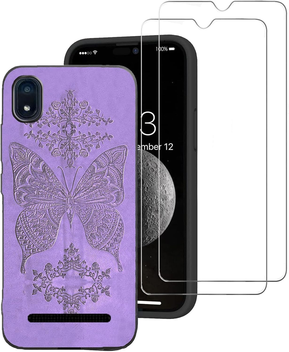 for Stratus C8 Case with 2 Pack Screen Protector,Cute 3D Flower Soft Black Silicone TPU Shockproof Phone Case for Women Girls,Full Body Case for Cloud Mobile Stratus C8 -Purple