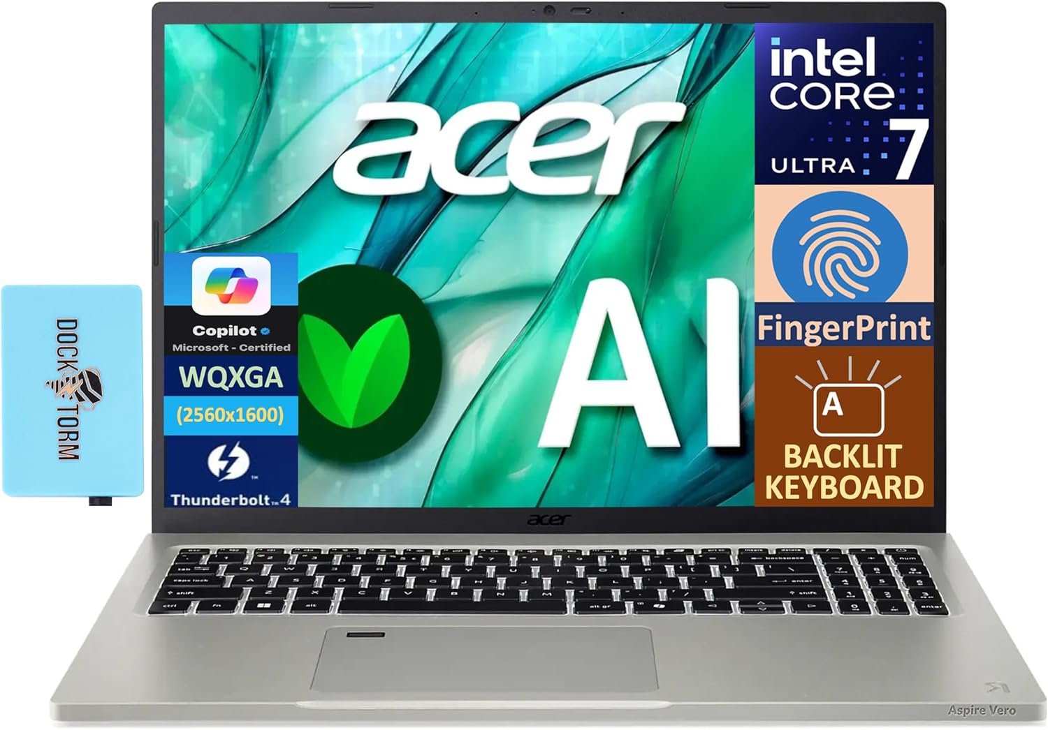 acer Aspire Vero 16 AI Powered Laptop 16.0″ IPS WQXGA Display (Intel Core Ultra 7 155U, 16GB LPDDR5X, 8TB PCIe SSD, Intel Graphics, Backlit KB, Fingerprint, Win 11 Pro) w/DKZ USB Port Expander