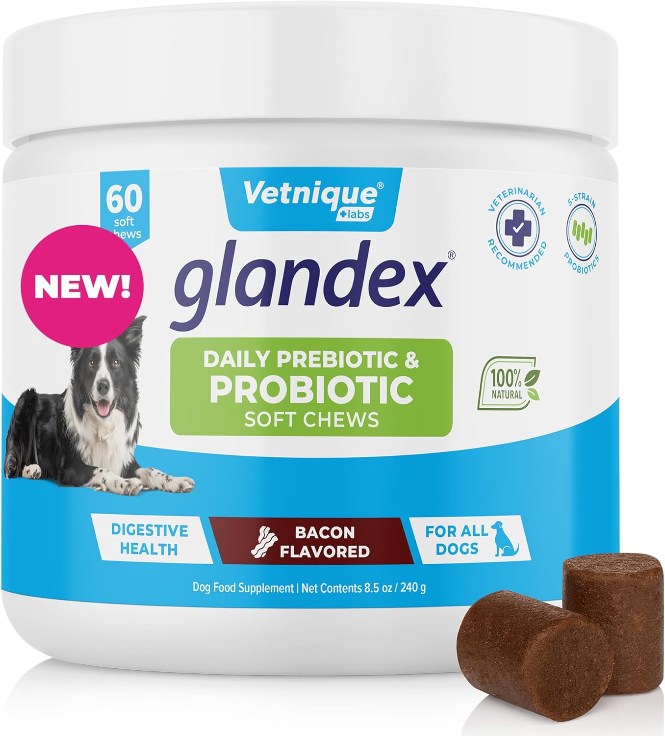 Glandex by Vetnique Daily Probiotics for Dogs with Prebiotics for Optimal Gut Health & Immune Support with Digestive Enzyme & Fiber All Natural Bacon Flavor Soft Chews (60ct Soft Chews)