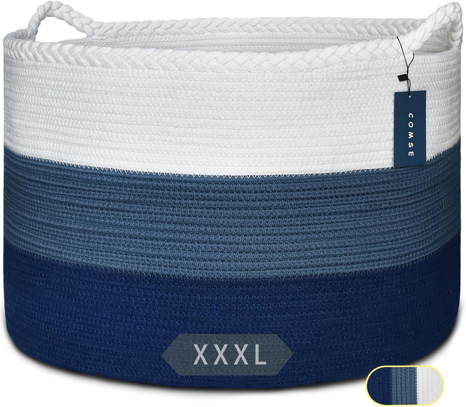 COMSE Extra Large Blanket Basket, Storage Basket, Laundry Basket, 21.7”x 13.8”, Laundry Hamper, Cotton Rope Basket, Blanket Basket Living Room, Toy Basket (White & Cadet Blue & Navy Blue)