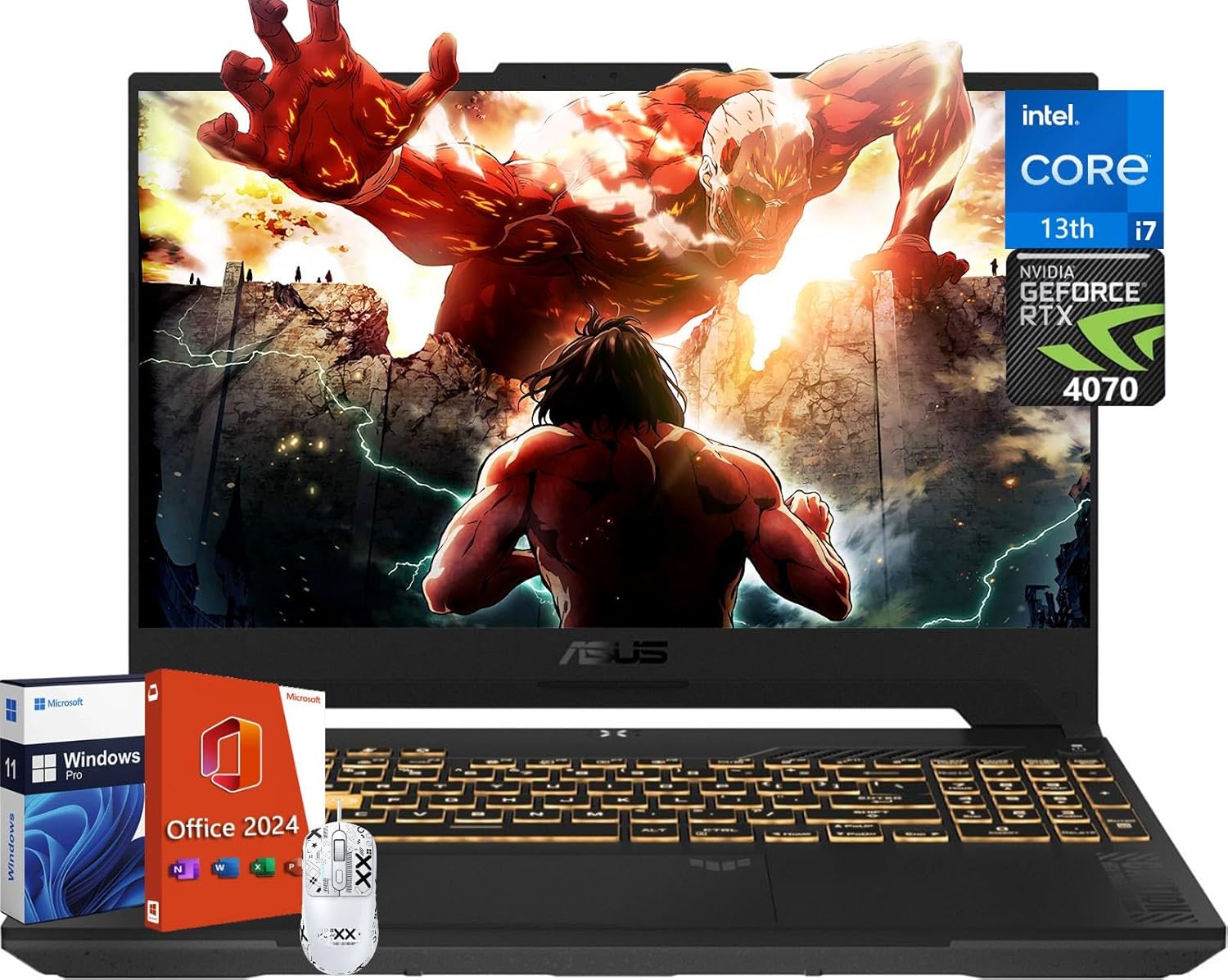 ASUS TUF F15 Gaming Laptop, 15.6″ FHD 144Hz, Intel i7-13620H CPU, NVIDIA GeForce RTX 4070, 64 GB DDR5 RAM, 4 TB SSD, Backlit KB, Wi-Fi 6, Office Pro 2024 Lifetime License & Win11 Pro & Patented Mouse