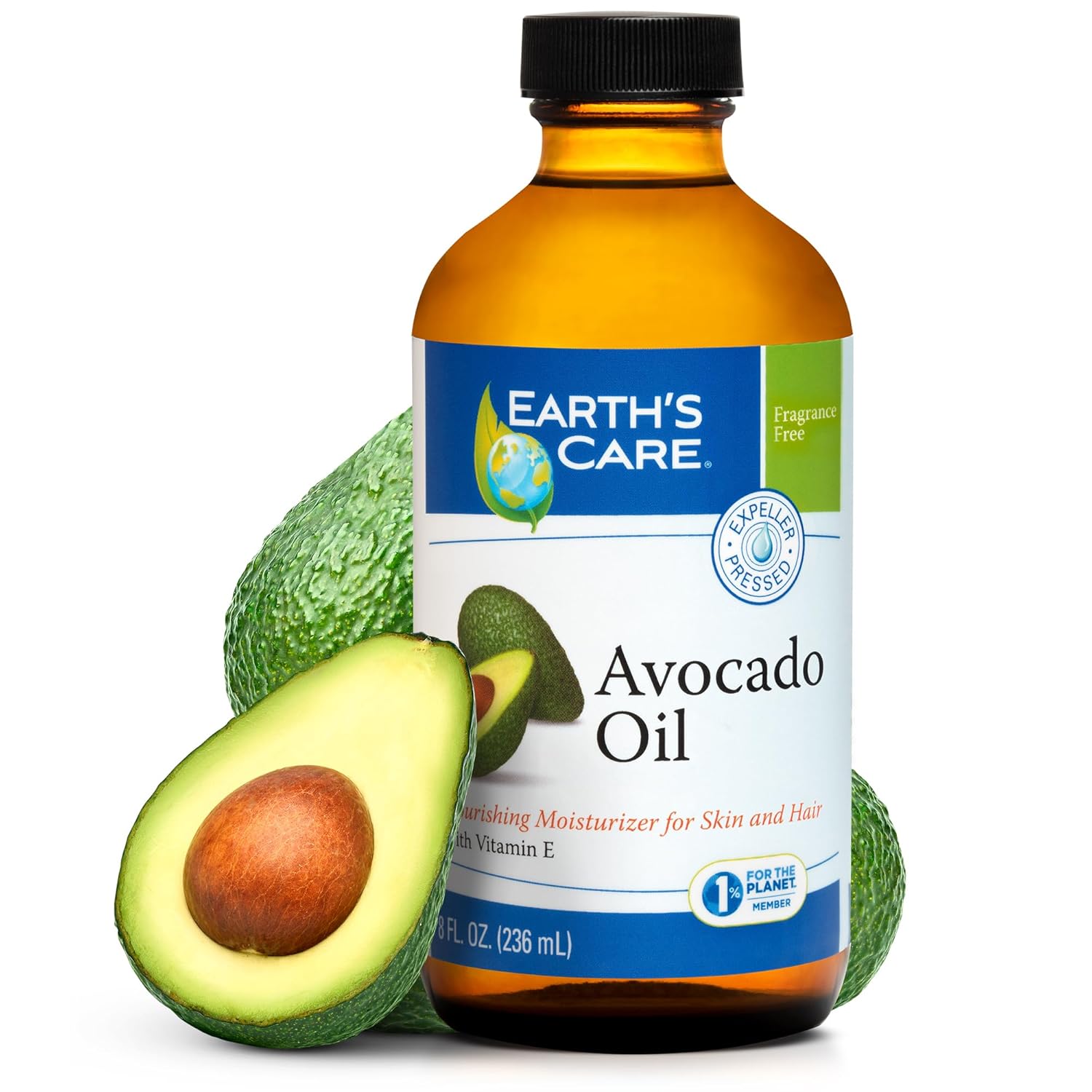 Earth’s Care Avocado Oil – Avocado Oil for Hair and Skin with Vitamin E, Glass Bottle, 8 FL. OZ.