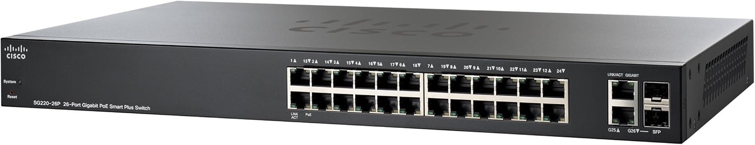 CISCO SYSTEMS 26-Port Gigabit PoE Smart Plus Switch (SG22026PK9NA) (Renewed)