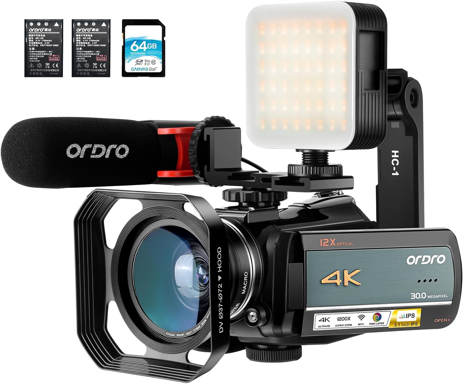 ORDRO 4K Video Camcorder AC5 1080P 60FPS 3.1” IPS Touch Screen WiFi Vlogging Video Camera, YouTube Video Streaming Camera with 12X Optical Zoom, Microphone, Wide Angle Lens, 64G Card, Batteries