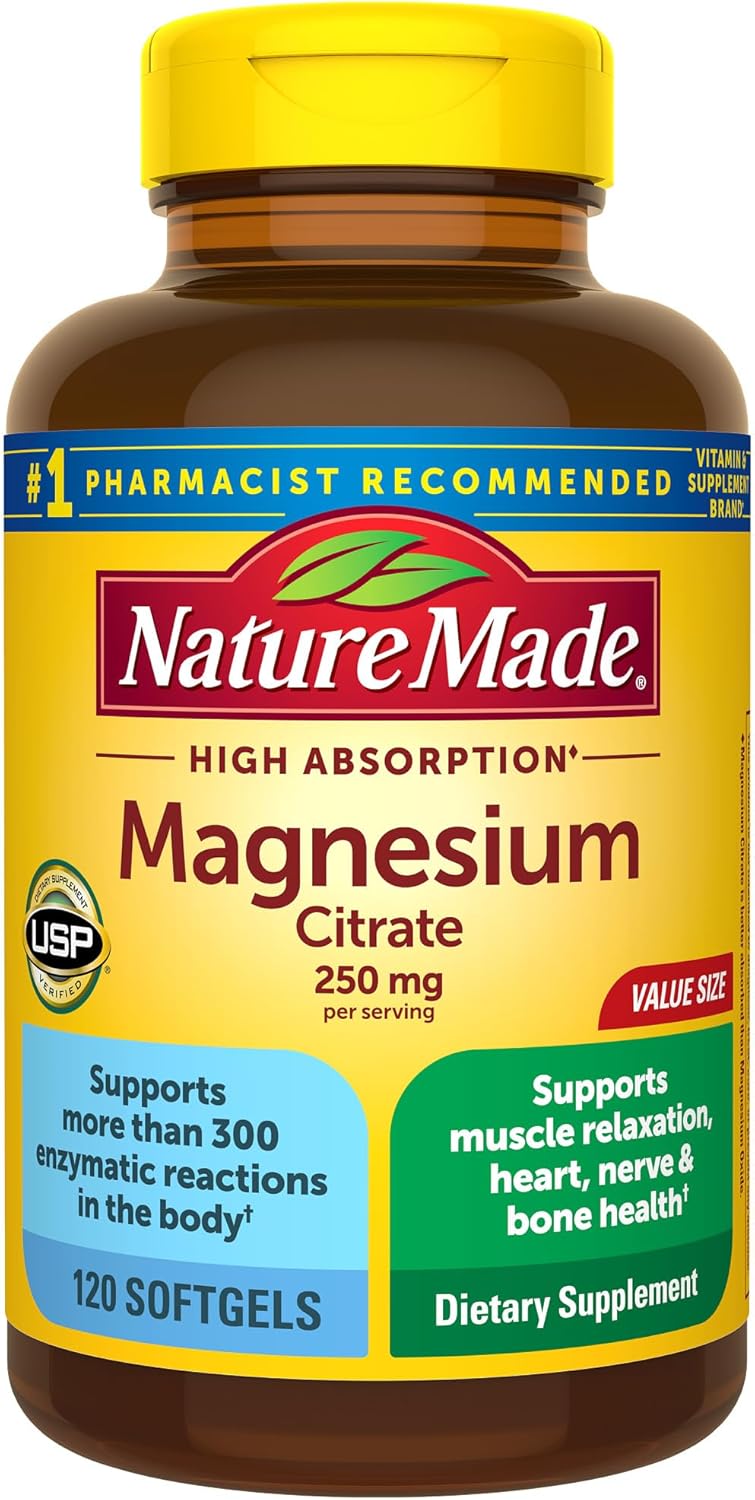 Nature Made Magnesium Citrate 250 mg per serving, Magnesium Supplement for Muscle, Nerve, Bone and Heart Support, 120 Softgels, 60 Day Supply