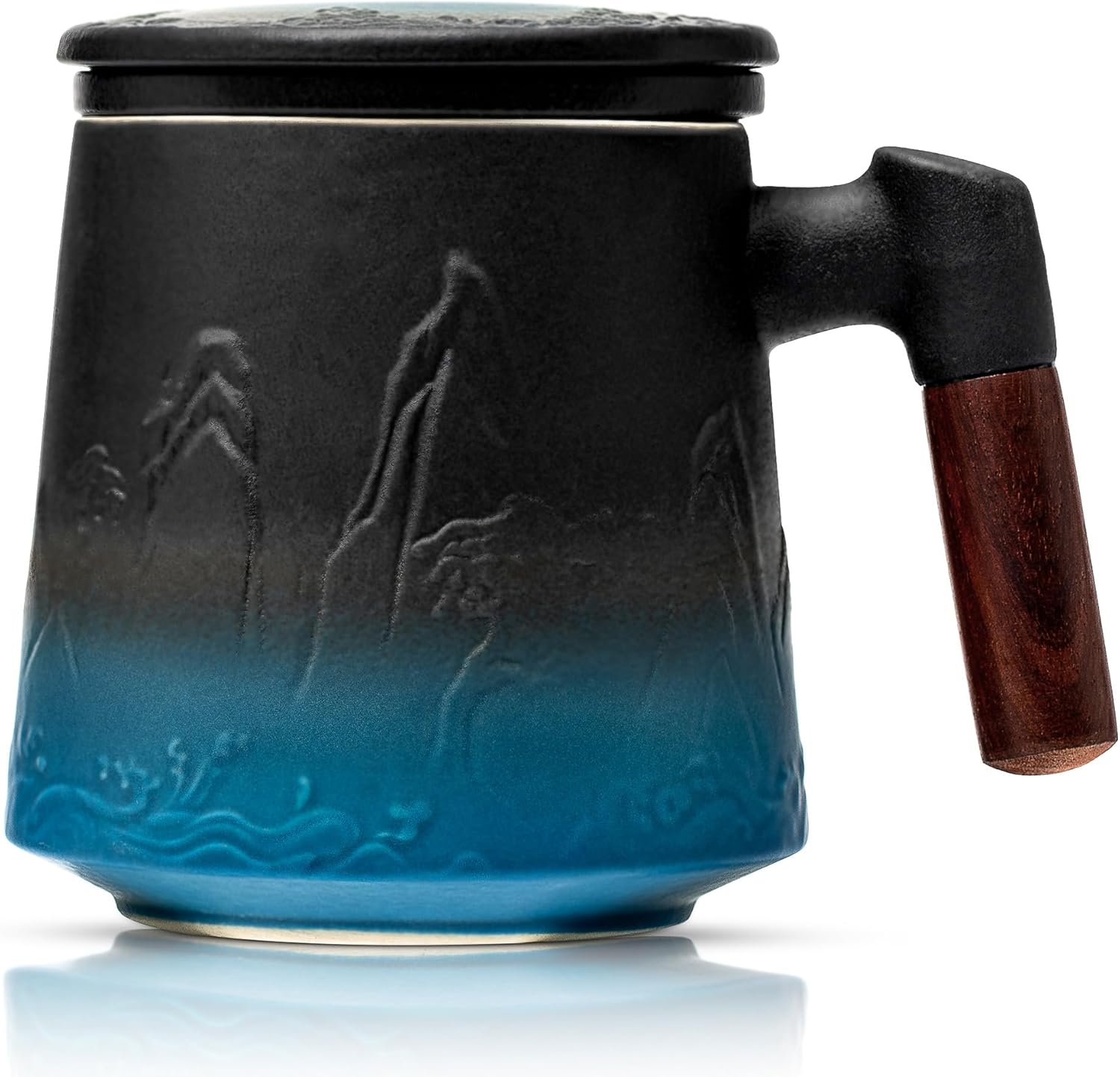 suyika Ceramic Tea Cup with Infuser and Lid, Gradient Embossed Large Tea Mug Wooden Handle for Steeping Loose Leaf, Tea Lover Gifts 15.2 oz / 450 ml,Black & Cyan